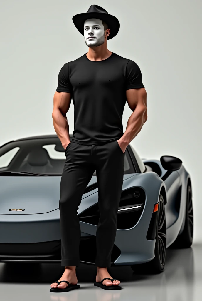 Orange colour porsche with black tyre and a 20 years boy standing in front of the car a boy with 6 packs and wearing a black pant white sport shoes