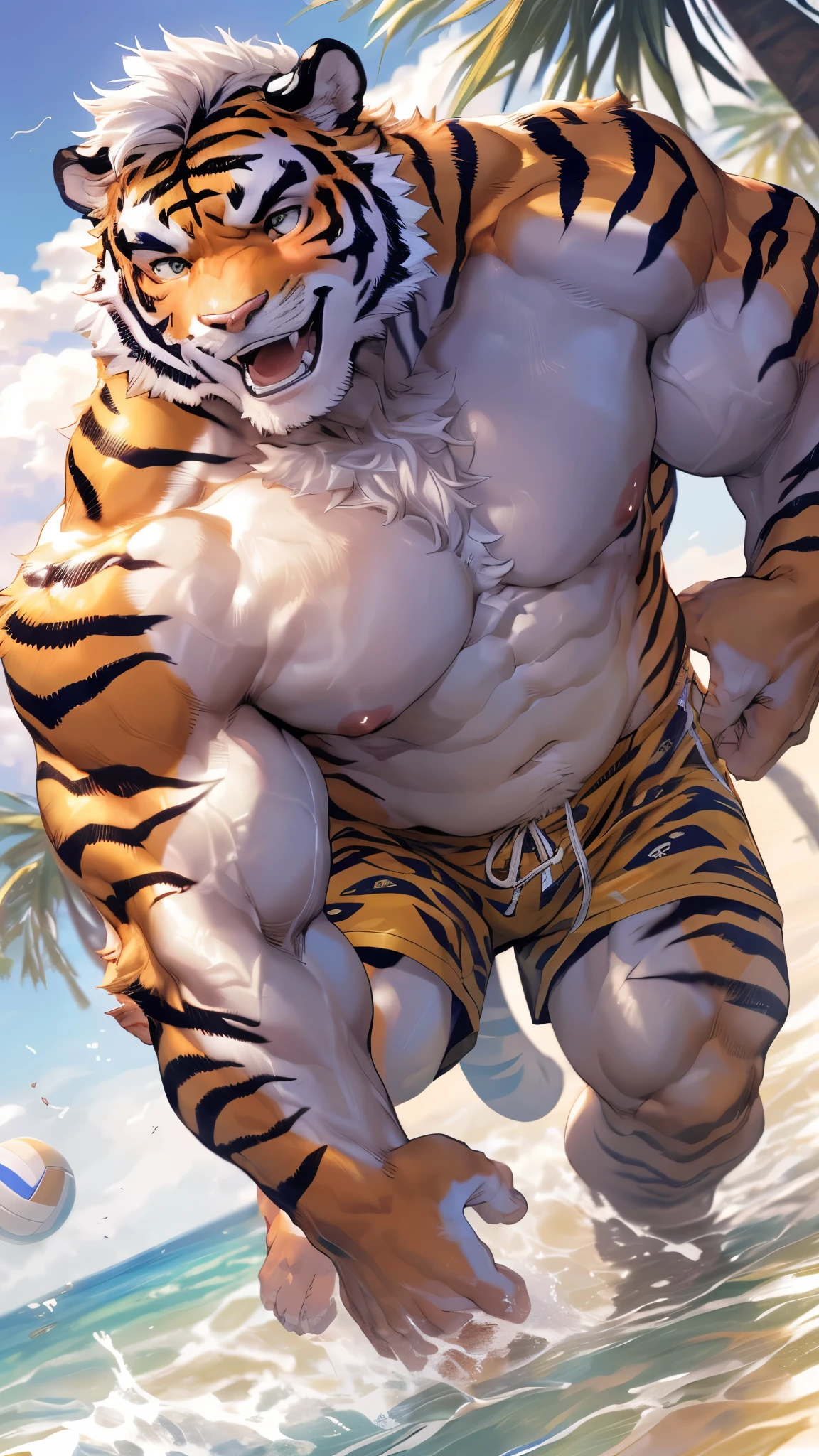 (bestquality), 2 Male, , anthropomorphic tiger, White eyes, Yellow feathers, nude, big muscular body, Good looking, Smiles, Cool Poses, Afternoon seaside background