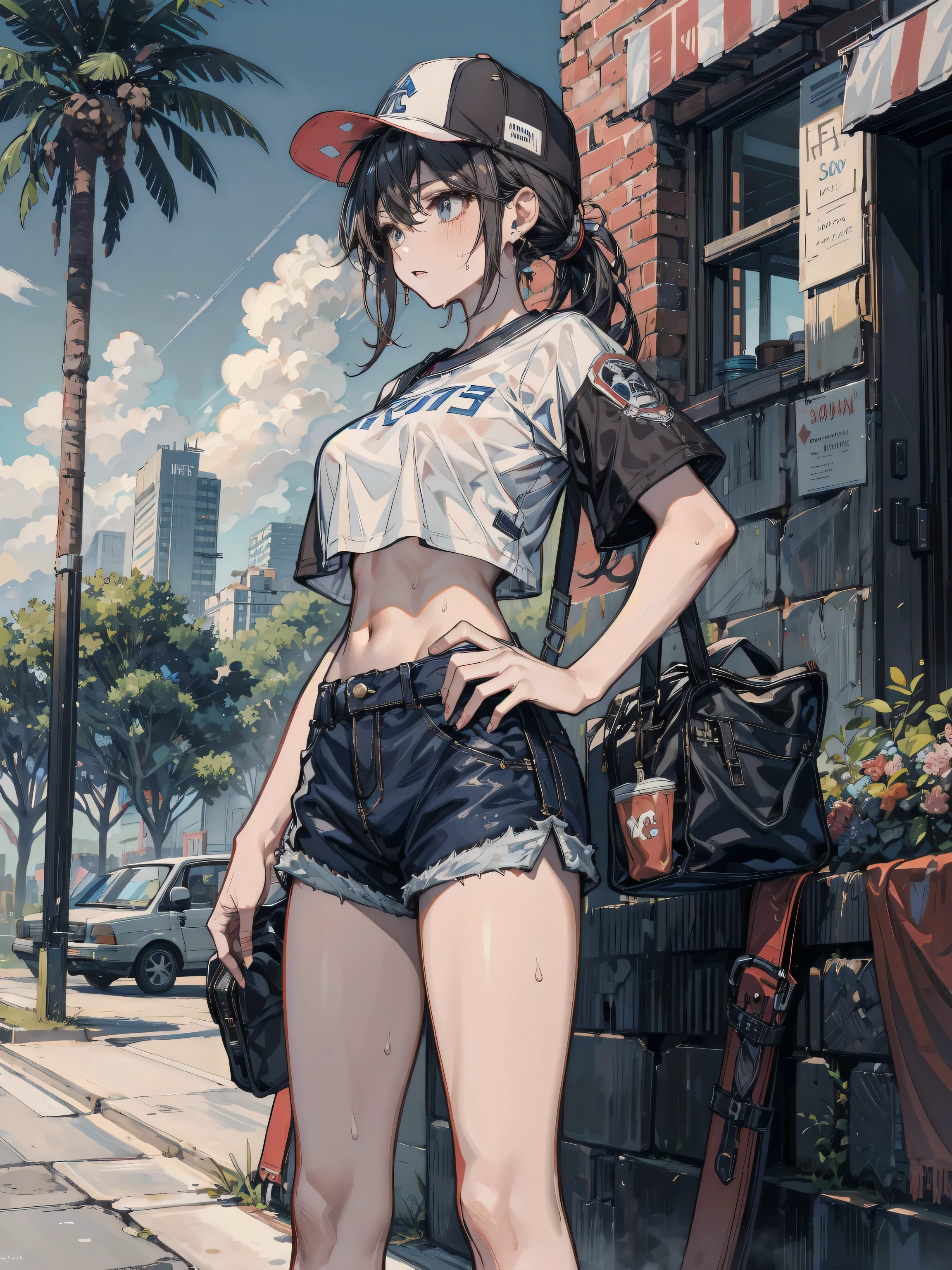 perfect anatomy, correct body, perfect figure, Perfect Style, Perfect balance, ideal ratio body proportions, earring, narrow waist, black hair, large breasts, sweat, outdoor, cowboy shot, baseball cap, black T-shirt, crop top, shorts,