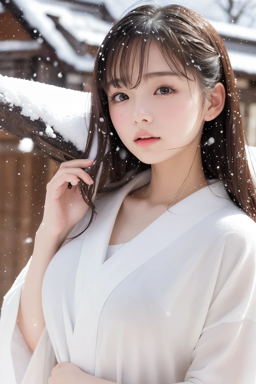 Beautuful Women、18year old 、body shot、snowscape、NSFW、White kimono、