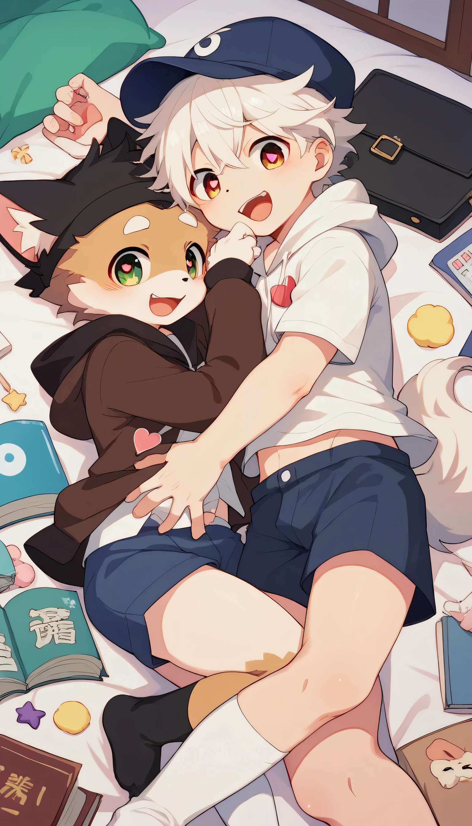 very detailed,white hair with brown fur , fluffy fur like one,male,Excited, Cute Fur Boy , elementary school students, shorts that stand on only your feet,Patterned Hoodie ,Dropped ears, books, heart eyes,fun, elementary school studentsぽい見た目のmale, one boy,black ears , cute male with fluffy fur,I was horny,funny face , Cute Blue Ears ,green and white hat,