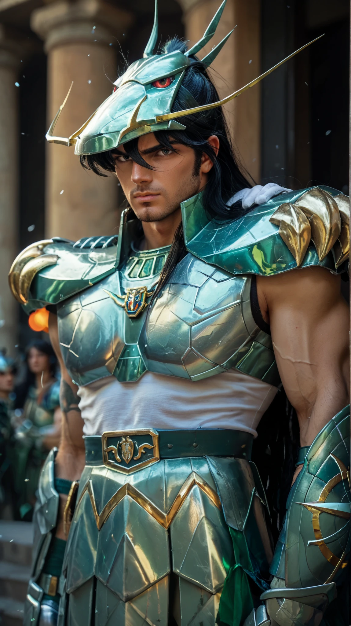 Man with long black hair , green metal armor , greece on the background