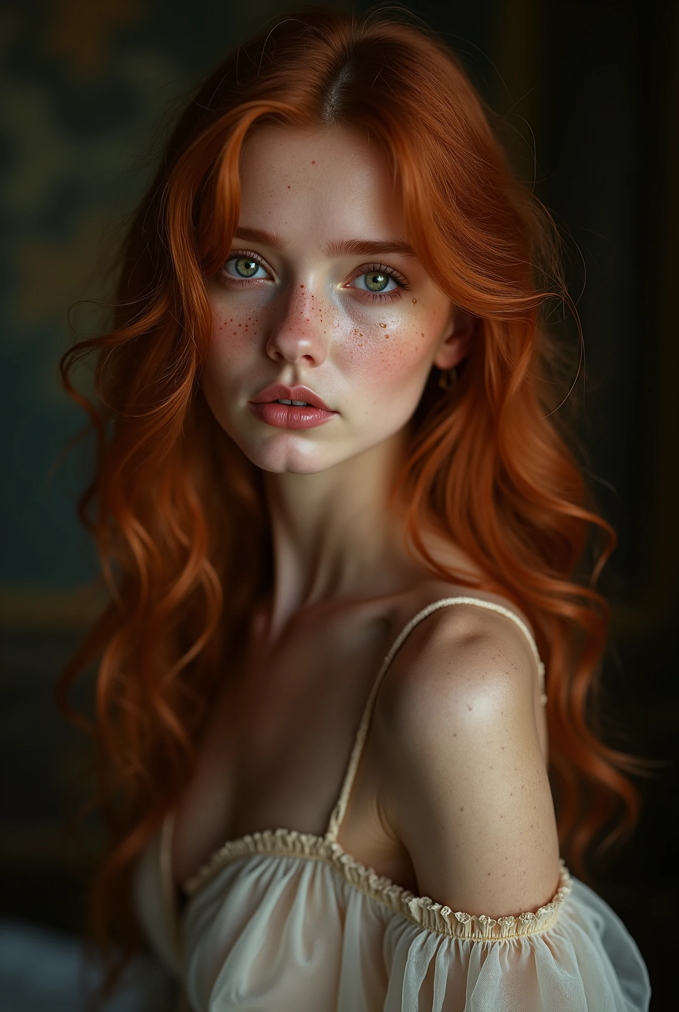 She is a girl,57cm with hourglass body, white skin and freckles, dark brown eyes, shoulder length curly reddish brown hair. nose a little wide