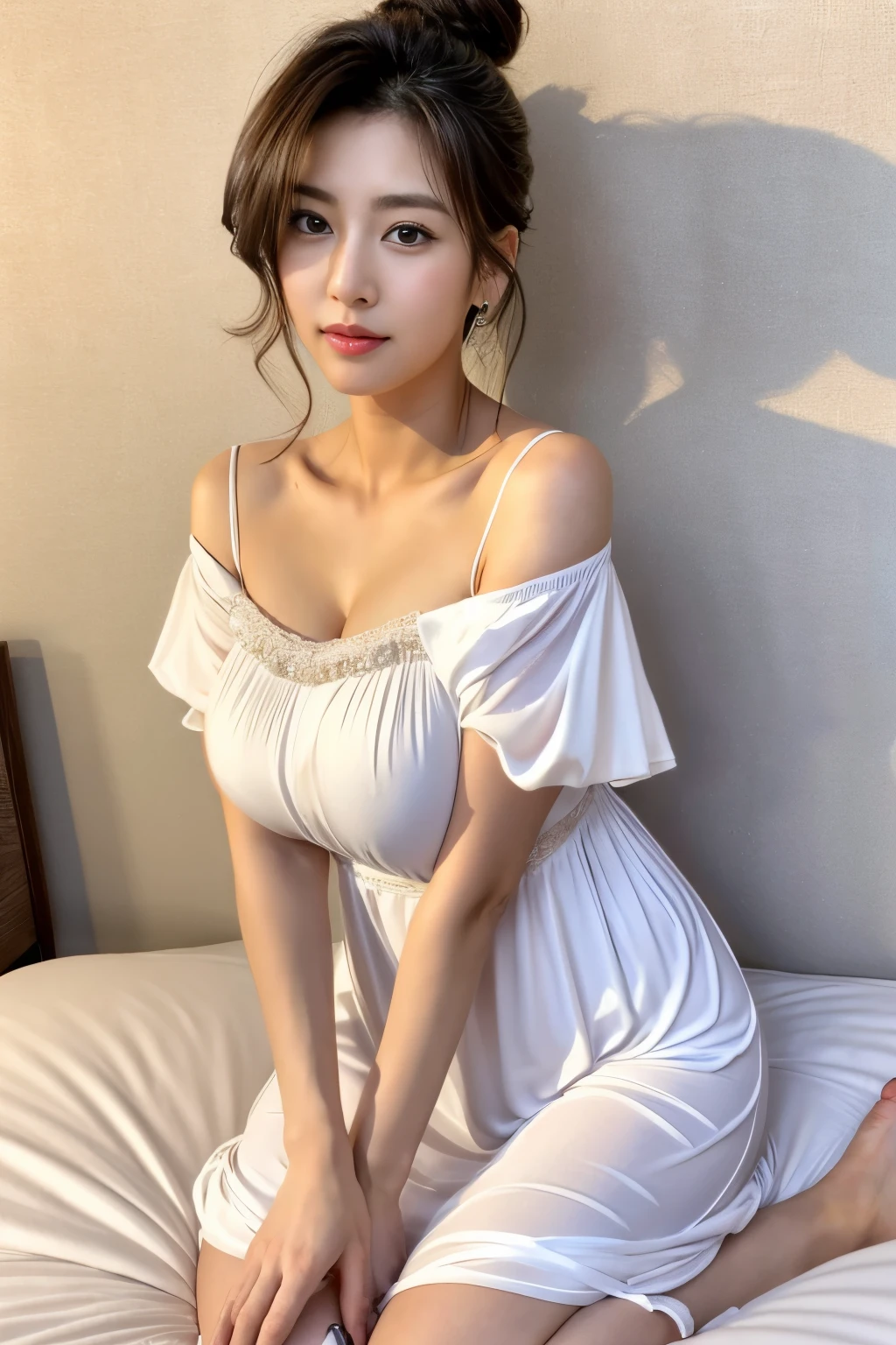 Gorgeus Girl, Beautiful, Baby Face, 20 Years Old, White Skin, Sexy Pose, red nightgown, Blue Eye, Bokeh, livingroom Background, Masterpiece, Fullbody Shot, sitting in the sofa