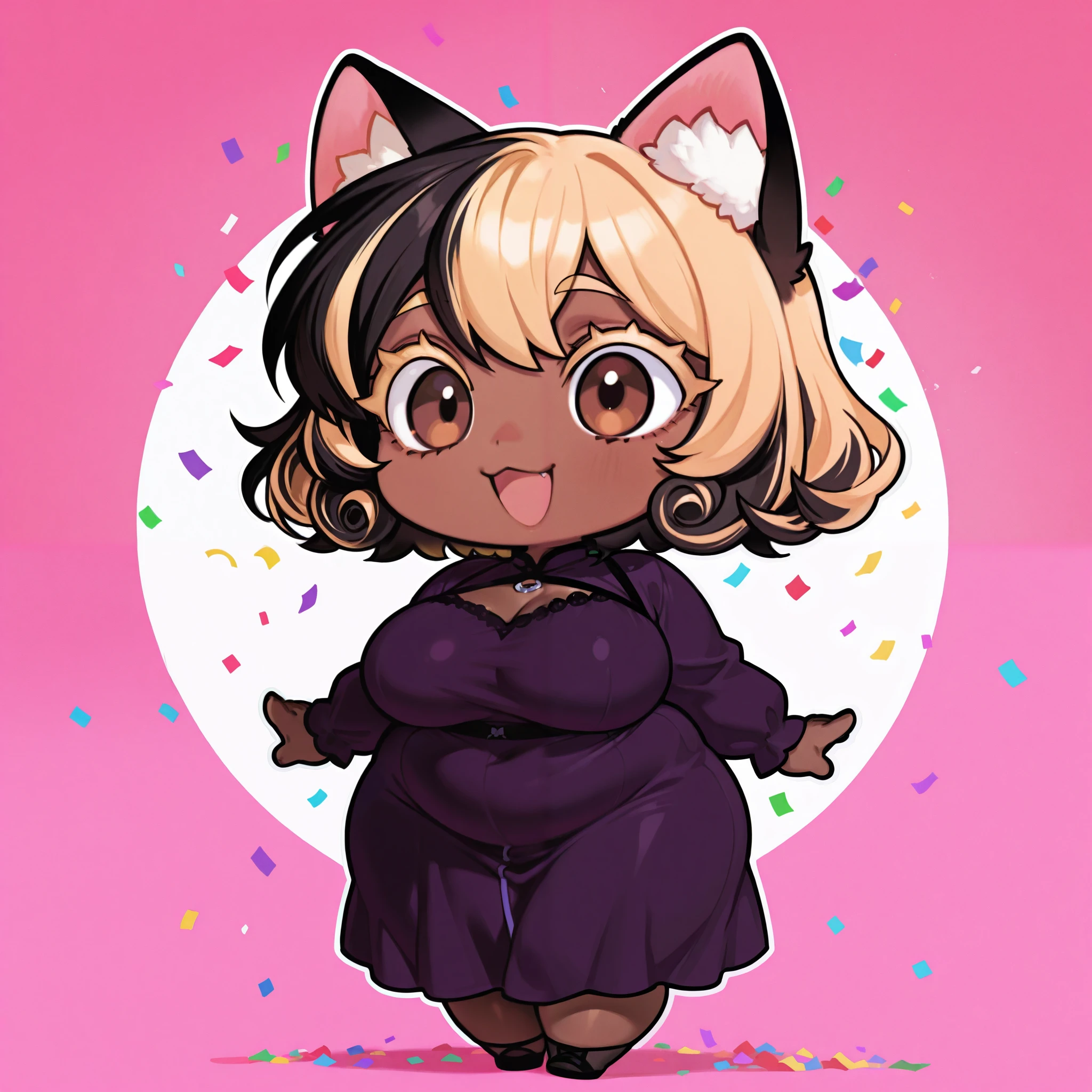 Brown skin, curvy, plump, curly black hair with blonde streaks, cat ears, thick blonde lashes, chibi, brown eyes, purple dress, solo, excited, confetti