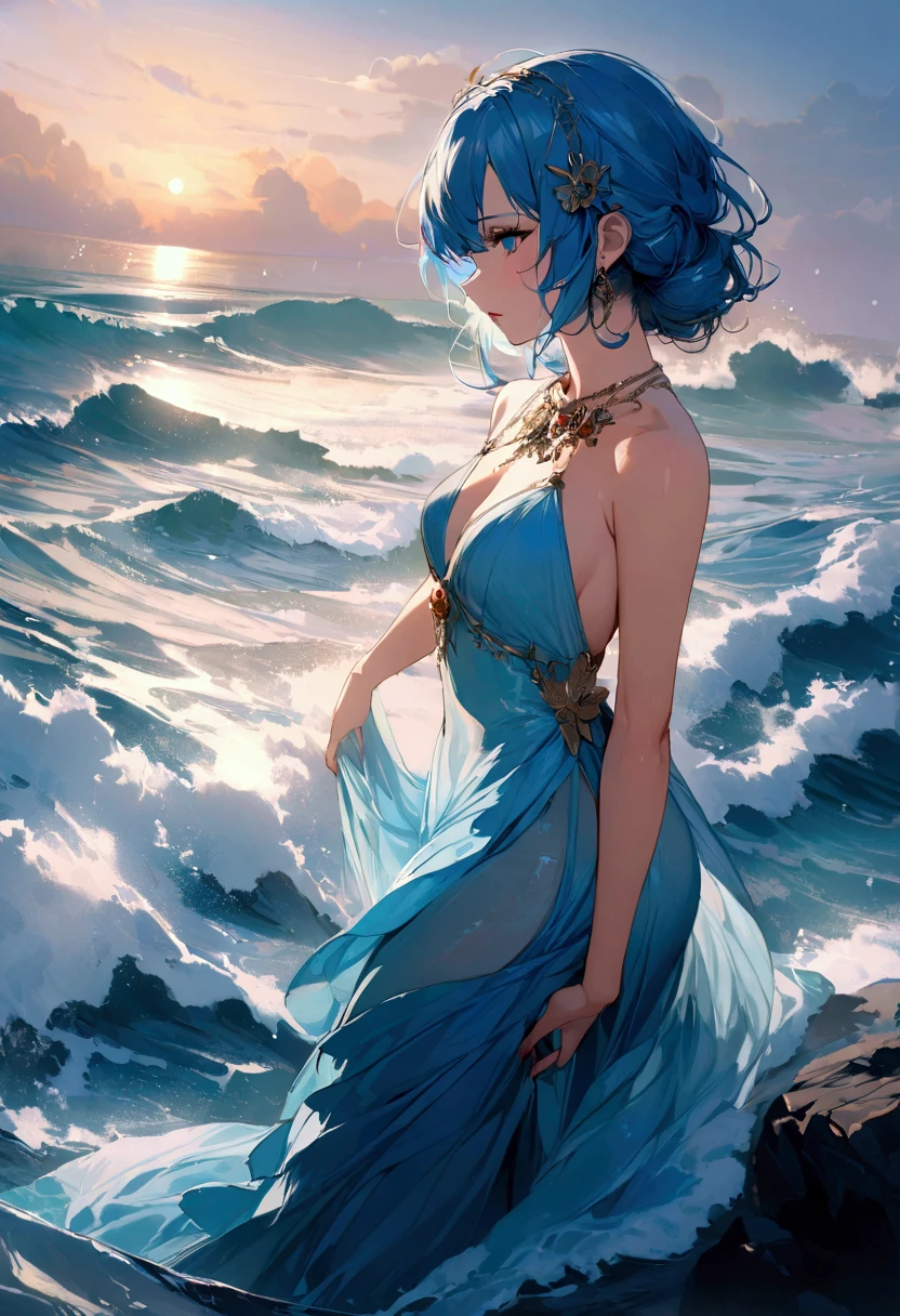 a portrait of a bride surfing the waves, on a sunny day in ocean, an exotic beautiful bride,   ((anatomically correct: 1.5)) ultra detailed face, dynamic hair color, dynamic hair style, dynamic skin complexion, (best detailed face: 1.5), busty wearing intricate, elegant bride's dress, glamour bride dress, barefoot, she is surfing an (surf board: 1.3) she surfs a massive wave, sunny day, sun rays, some clouds, wavy ocean background, vibrant, Ultra-high resolution, High Contrast, (masterpiece:1.5), highest quality, Best aesthetics), best details, best quality, highres, 16k, (ultra detailed: 1.5), masterpiece, best quality, (extremely detailed) RAW, (ultra details, Masterpiece, best quality), Dark Art Painting Style, princess dress