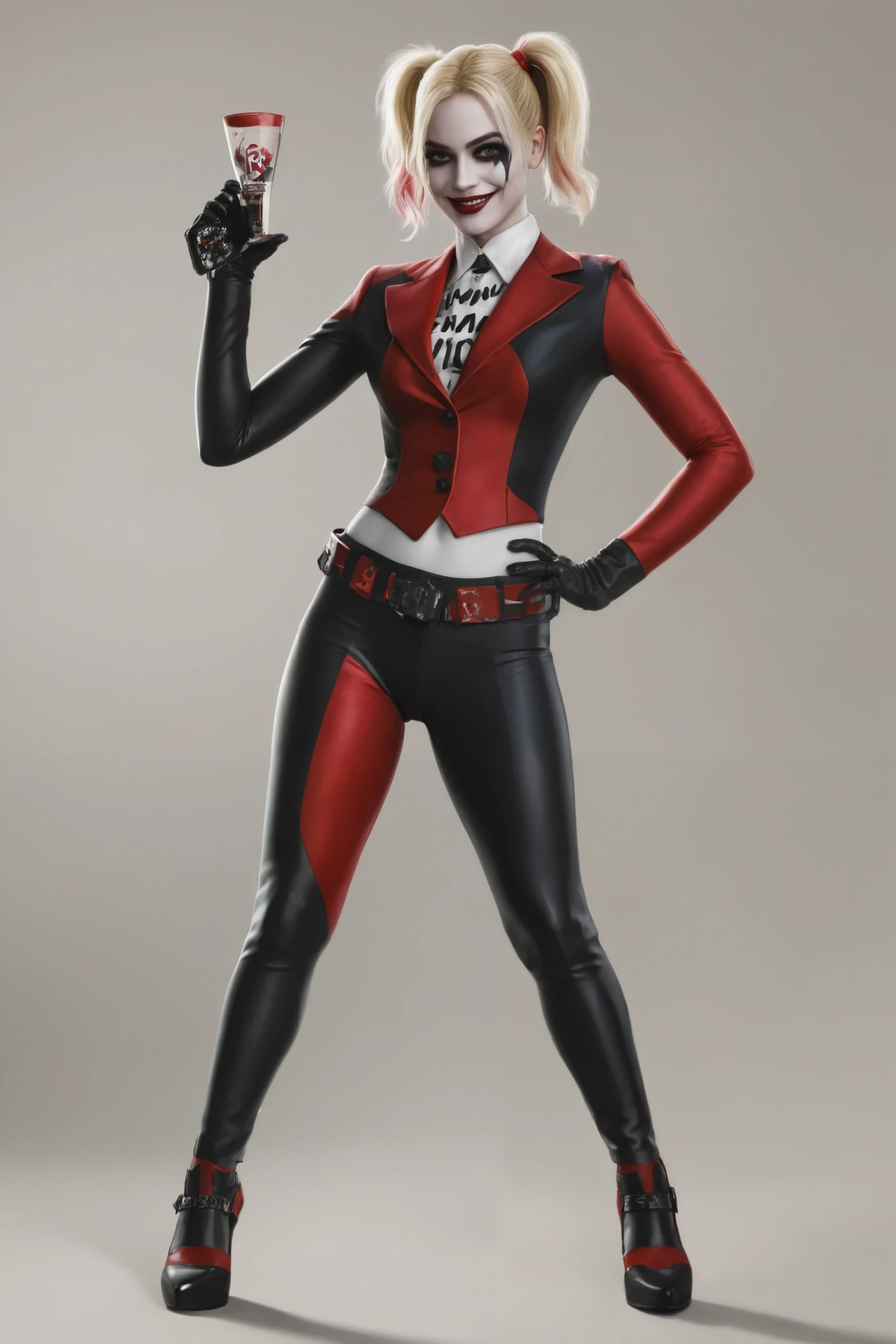 Harley Quinn, in a black and red suit, a morph , hourglass igure, /2.8, cinematic , high quality , skin texture, looks at the camera with sharp shadows, graphite shade, stencil signs, airbrushed acrylic paint , masterpiece , , smile, full height, High-heeled shoes