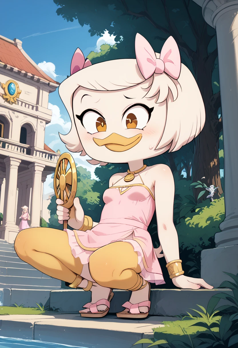 Webby vanderquack, specific, furry, small pink ribbon ,  ,  white hair, cabelo channel,  defined body, Greek pink dress , Greek deity, Olympus, yellow legs,  Hebrew wooden sandal, pés amarelos de specific, Sensual, cartoonized, Alone,  1girl , female, 4 poses