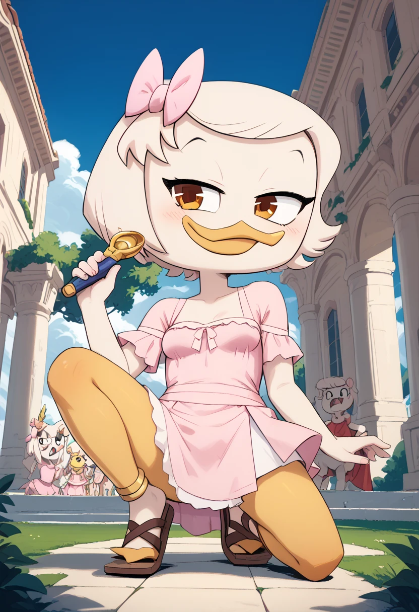 Webby vanderquack, specific, furry, small pink ribbon ,  ,  white hair, cabelo channel,  defined body, Greek pink dress , Greek deity, Olympus, yellow legs,  Hebrew wooden sandal, pés amarelos de specific, Sensual, cartoonized, Alone,  1girl , female, 4 poses