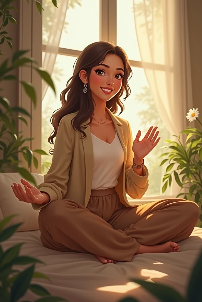 woman at peace, sitting in lotus position, full body, bedroom, night, sleepwear, pajamas, meditating, photorealistic Disney, beautiful digital illustration, beautiful digital art, highly detailed digital art 4K, detailed fanart, fan art, detailed digital art 4K, exquisite highly detailed fanart, Martin Ansin art portrait, Disney realistic photo, beautiful character painting, realistic fantasy illustration, Disney art style