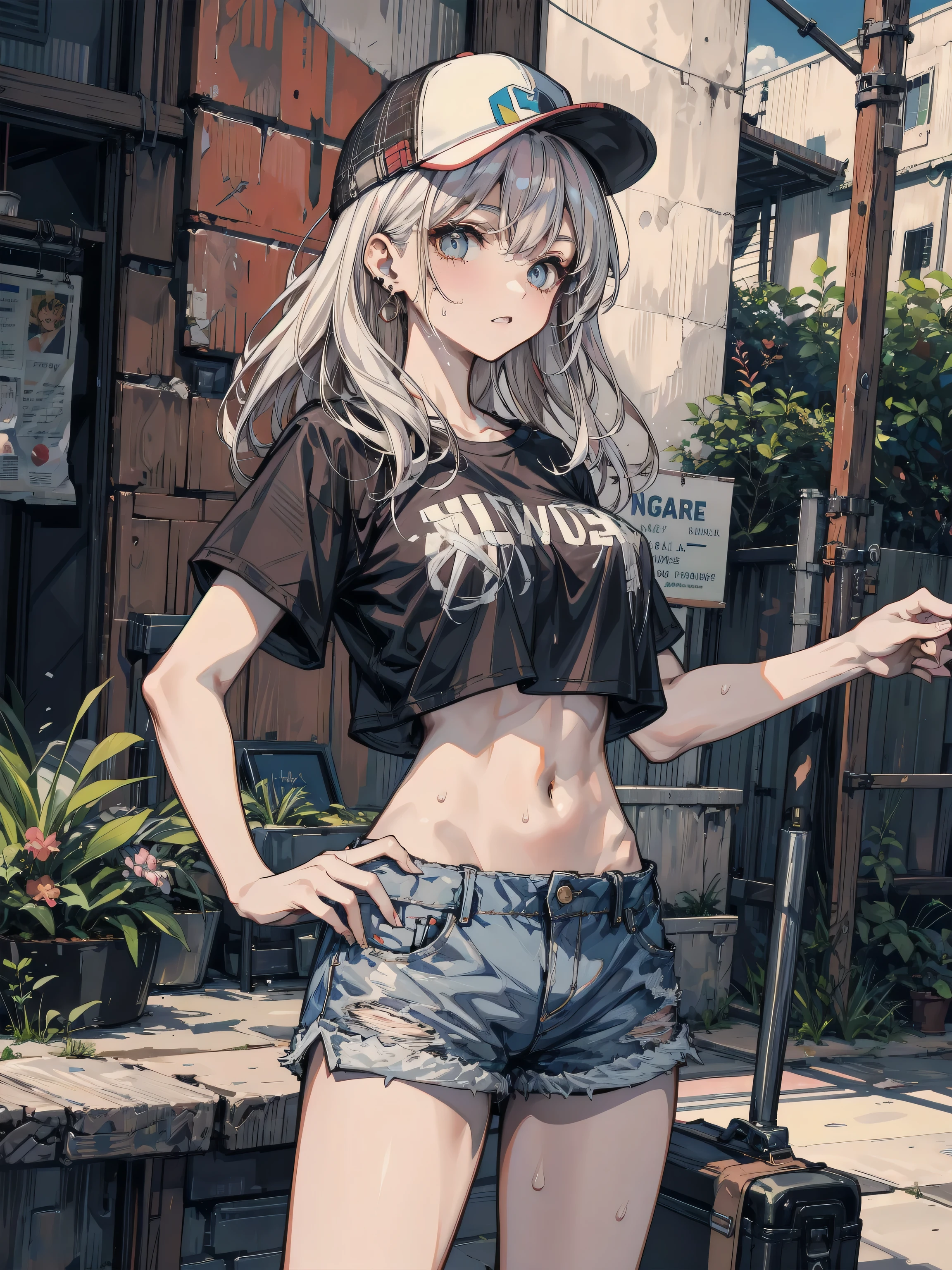 Dynamic posing, dynamic angle,Top quality work,Show Legs,8K, photo image, masterpiece,super resolution ,(long silver hair with purple ends),(purple eyes), lovely red lips, 8K quality, Pale light and shadow, Dindal effect, Very bright white background, 1 girl, 16yo,( black Cropped strappy top),((Y2k mini denim skirt in vintage dark grey wash, raw frayed hem and low rise waist)), (pantyhouse), (at the tokyo street),small round chest,full-body view
