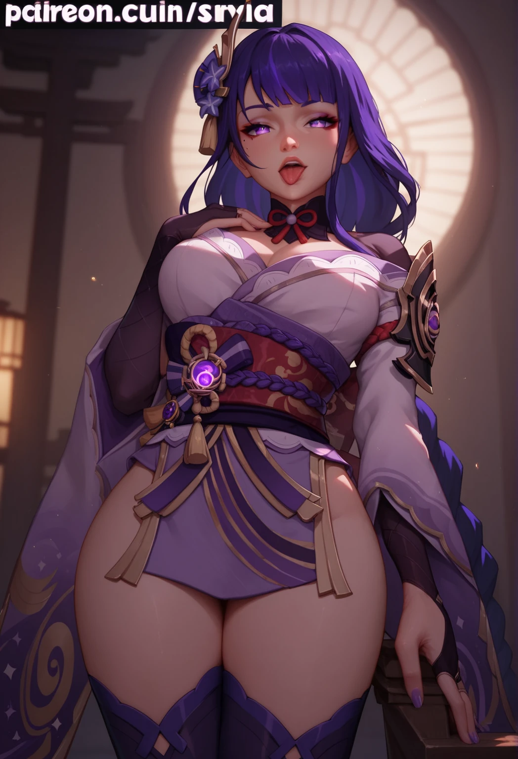 (masterpiece, top_quality, best_quality, 1 girl, ,beautiful_and_aesthetic:1.2), (1 female:1.3), (fractal_art:1.3), (large breasts), light_reflection, (1 female, Raiden shogun, purple hair, purple eyes, glowing eyes, electric purple particles, long hair, blush, elegant beautiful hands, bare legs, perfect thighs, kimono, view from below, full body, (summon a electric katana between her boobs), brandishes a electic katana from her breast, public hair, standing, night background, Inazuma temple background,