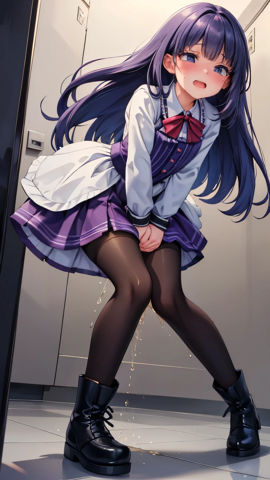 ランダムなポーズ、Full body, 8K, highest quality, masterpiece, ultra-definition, light purple hair, semi-long hair, light purple eyes, covering butt with hand, lipstick, full body, cooking, naked, wearing red apron, sitting in slippers , blushing, home kitchen, wearing an apron, crawling on all fours, leaning forward, angle from below, perfect hands, thin hands, night