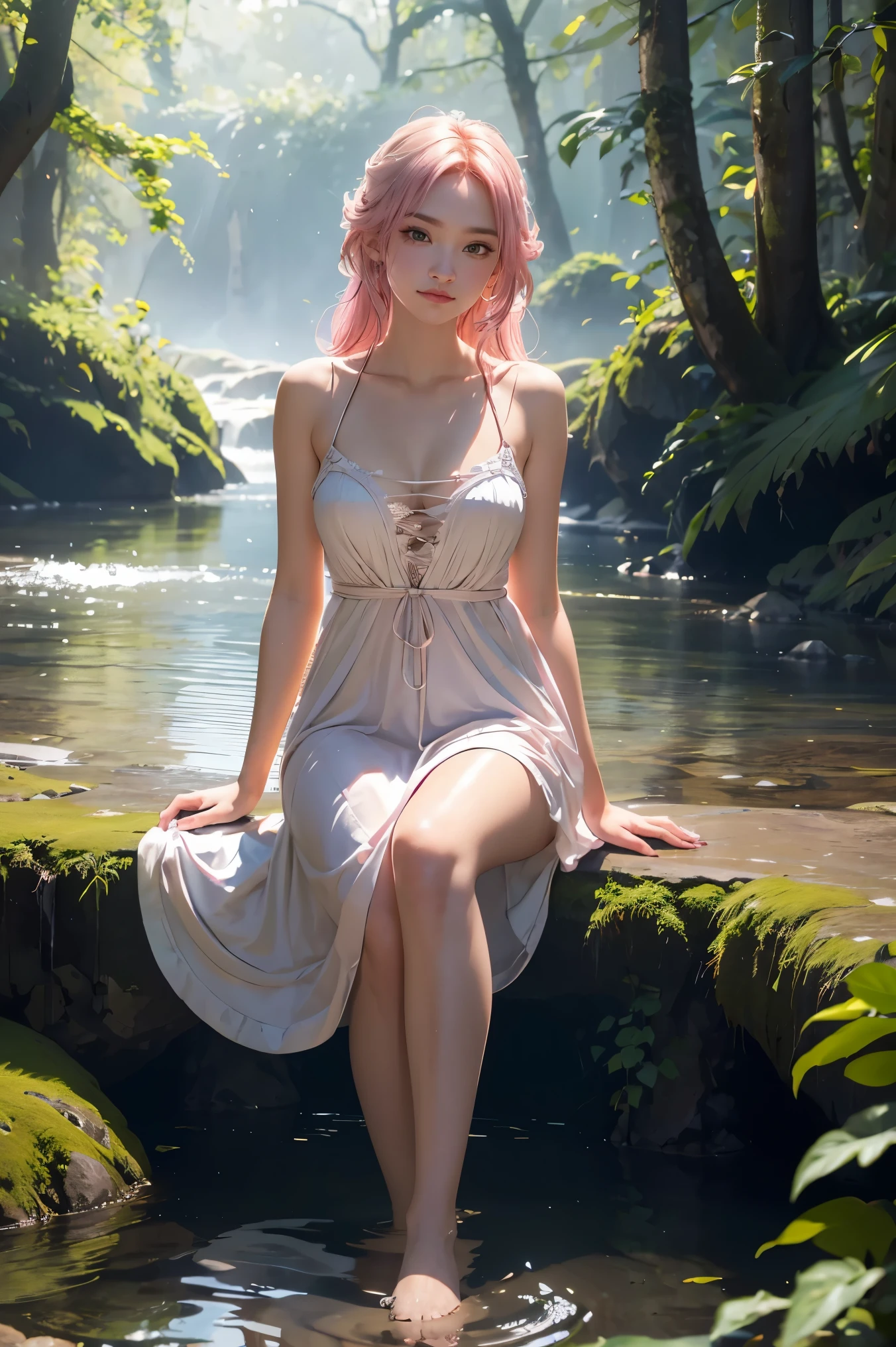 Pink hair, (full body) wearing a medieval long cotton nightgown, sitting on a rock with feet in the water, drenched hair. The background features a forest at sunset. (Masterpiece, best quality, award-winning, high-res), skinny, with intricate and beautiful design, a highly detailed and lovely face, super detailed beautiful eyes, light smile. Sitting near a stream, with forest leaves flowing, windy, and sunlight streaming through the trees. Fantasy art with dynamic, cinematic lighting, hyper-realistic, extremely CG detail, octane render, (artistic + masterpiece:1.4), (incredibly detailed eyes), (8k, photorealistic, photo RAW, best quality: 1.4), (UHD), (ultra high realism), (ultra high definition), (ultra high detail), (realistic face), beautiful hairstyle, realistic bright amber eyes, exquisite details, (realistic skin). Pale, smooth, and luminous skin with an iridescent shine and no imperfections. Ultra high definition, ultra realistic, highly detailed, (cleavage: 0.8).