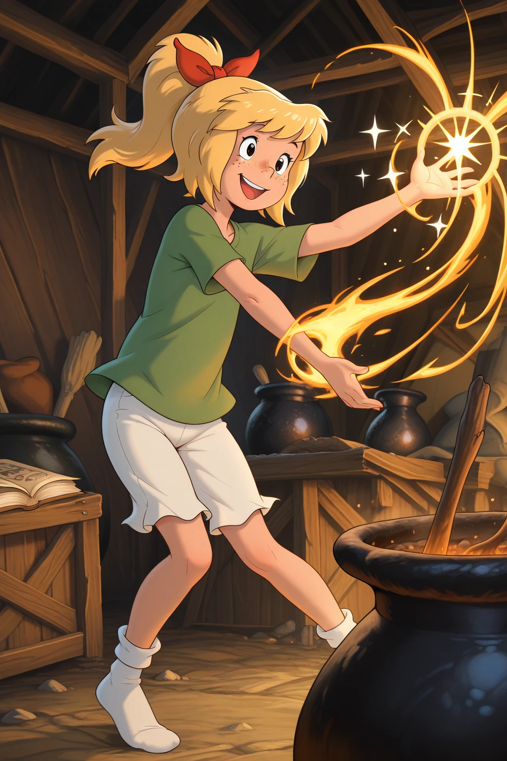 masterpiece, best quality, amazing quality, absurdres, solo, bibi blocksberg, smile, open mouth, happy, blonde hair, red ribbon, freckles, high ponytail, green shirt, white shorts, white socks, inside, hut, cauldron, boiling, casting spell, sparkle, big book