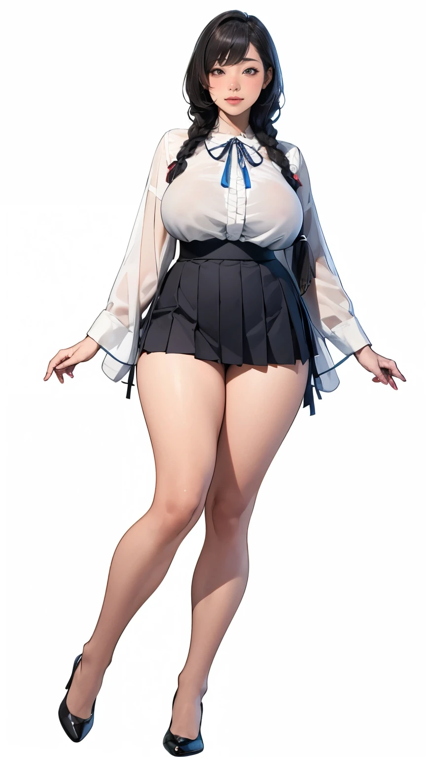 masterpiece,Ultra-detailed,photo-realistic,hyper-realism,,A very pretty Japanese girl standing.wide stance,short stature,round face,droopy eyes,very thick body,big breasts,thin waist,big hips,thick thighs,silky white skin,frills blouse,ribbon tie,pleated mini-skirt,shoes,very low thick twin-braids,separate bangs,medium black hair,happy,smile,Full body, (simple white background),front view,from front,perfect anatomy
BREAK
big hair ribbon