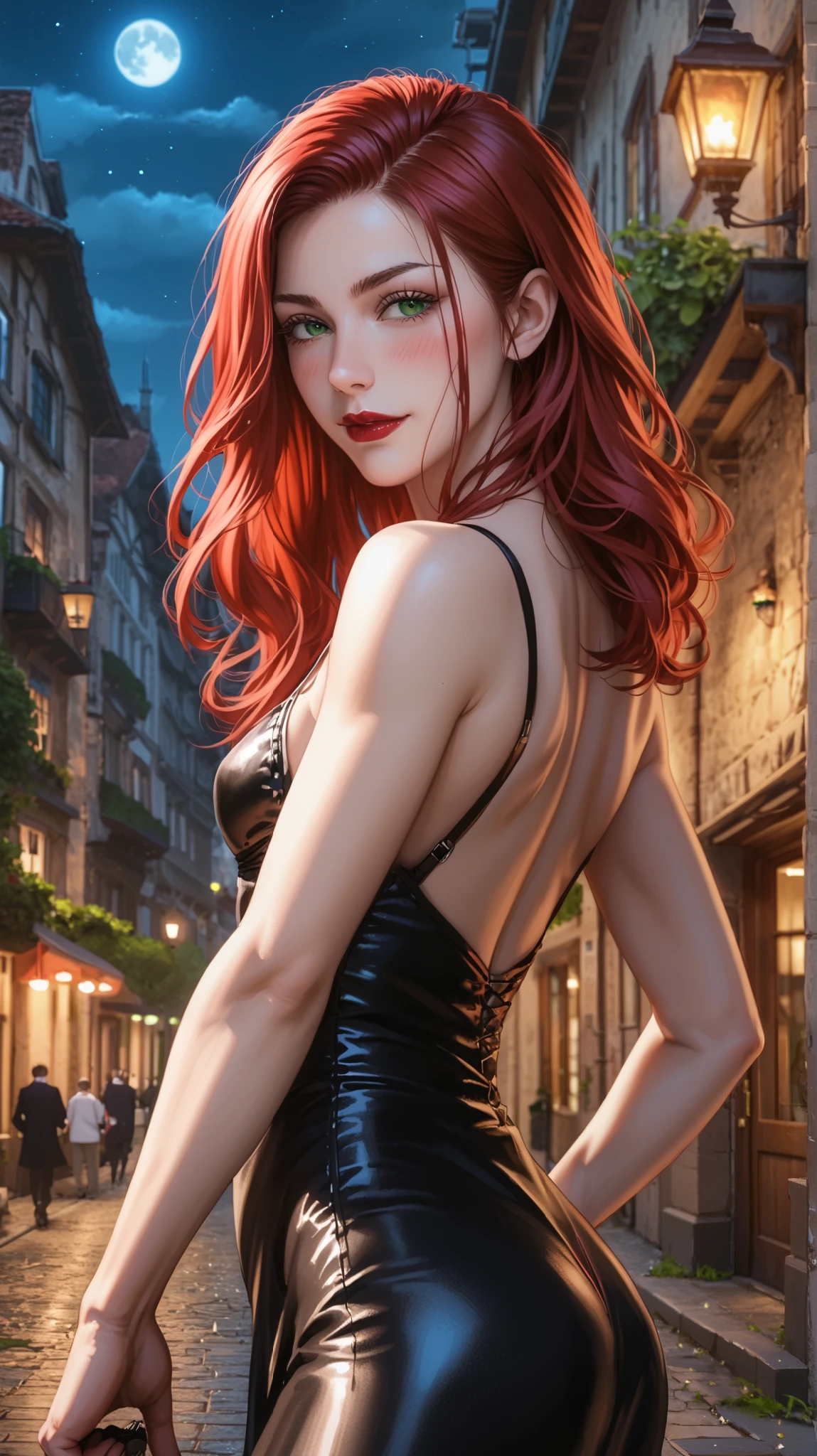 (masterpiece:1.2), [(female warrior with a ornate elegant sophisticated cover walking away),(((at night))), green eyes, slender figure, face details, wearing ornate sexy women's black dress, small breasts, slim hips, thin hips, thin waist, slim waist, MeiMei, ((( red hair,  long stylish hair flowing ))),  green eyes, (focus on the eyes:1.5), (red lipstick),very blushing, (Blush:1.5), red cheekbones, cunning face,  face with severe features , (( detailed face)),  Perfect face,  highly detailed eyes, (poster intricate details), (colorful), Cinematic Lighting, Extremely detailed 8k background image made in Unity , 1 ,  alone,  mature woman, sexy pose, sexy pose, sexy pose, (( perfect small breasts )),(( And perfect erections))(( fit slim figure )),erect breasts,  shaped body , Slim fit black elegant dress, ((( evil face ))),  fit slim figure , detailed, ornate,  sophisticated, female protagonist, strong female character, toned body, tight clothes, stunning cover, stretching],(((at night))),  low angle shot from back, showing off her sexy buttocks, (((from behind))), (medieval city, old buildings, empty streets), (best quality , 8k,  highres icon, incredible quality, very aesthetic,absurdres,newest), ultra-detailed, realistic,  photorealistic, (photorealistic:1.4), HDR, Ultra HD,  (((studio lighting at night))), ultra-fine painting, (sharp focus:1.2), physics-based rendering, description with extreme details, vivid colors, bokeh effect, Professional