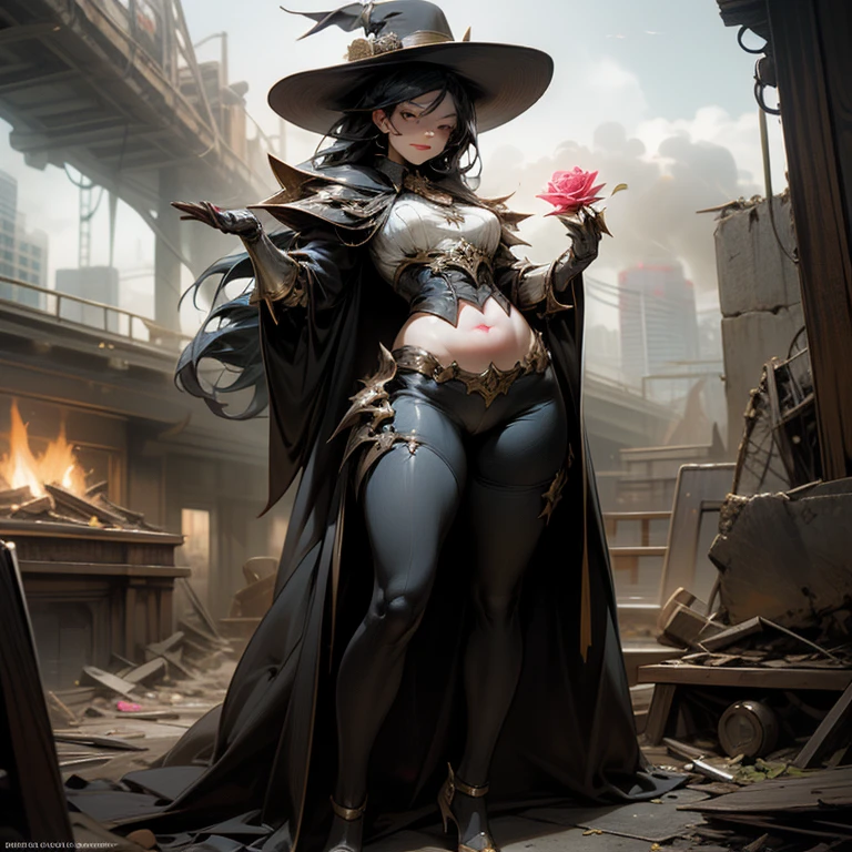 (masterpiece:1.2), (best quality:1.2), (extremely detailed:1.2), (ultra detailed), 1girl, large breasts, (black garters:1.2)
maki oze, witch hat, bikini top, detached sleeves, muscular female,
human on fire, building on fire,
stand on top of the building,