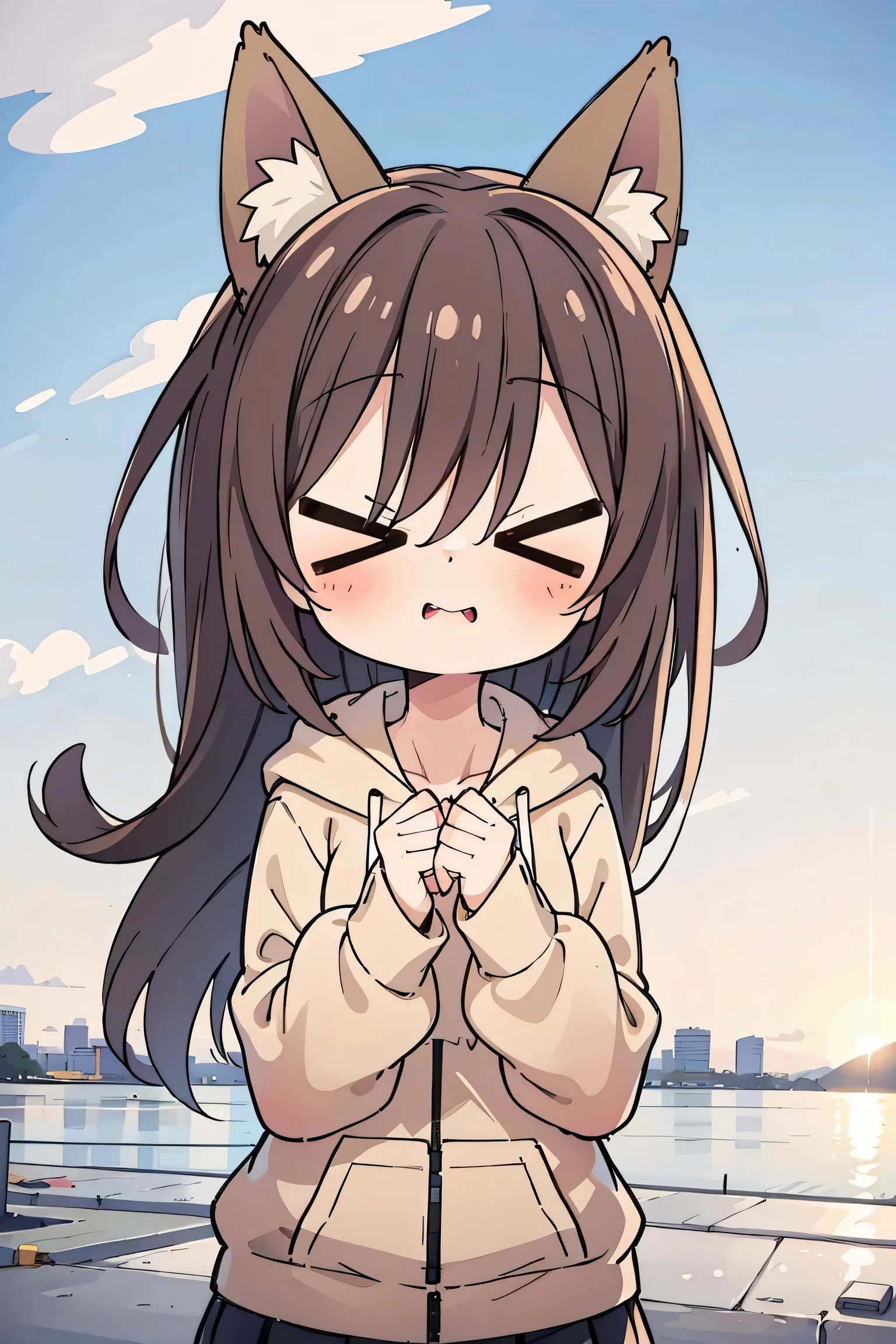   anime style、 fox ears、 brown hair、 with eyes closed、 double teeth、 woman、 beige hoodie