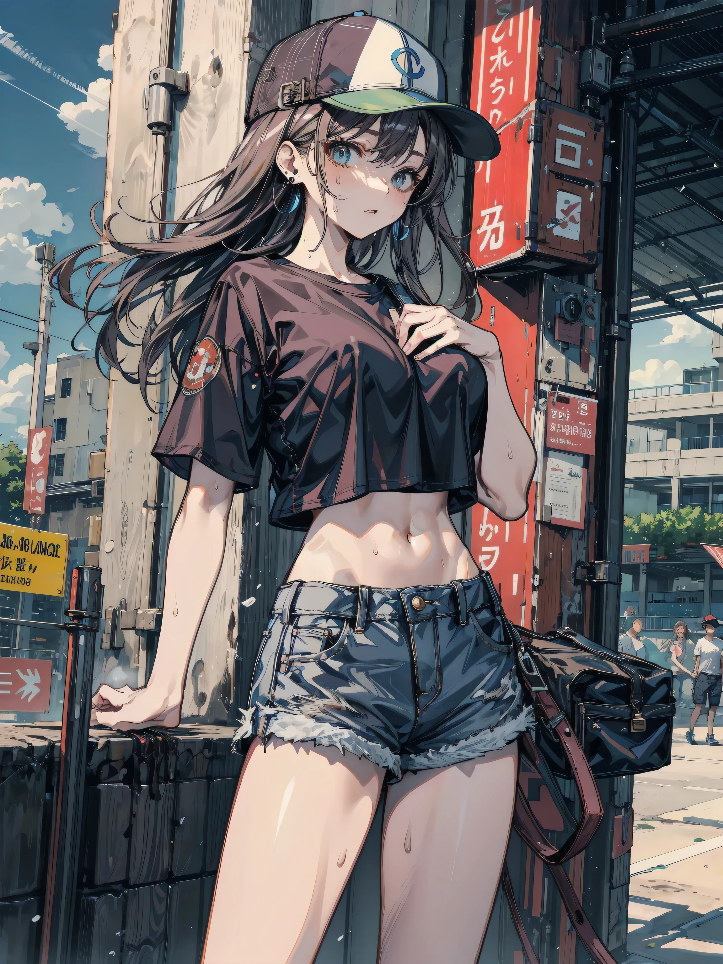 ((masterpiece,Highest quality;1.3,best illustration)),cowboy shot,1woman、25 year old beauty、独奏,((very small head:1.3)),dark brown hair,long hair,bangs,brown eyes,gorgeous eyes,blush,small breasts,((very long body:1.3)),((toned body,slender body,skinny)),gleaming skin,shiny skin,oily skin,(White tight T-shirt、Black hoodie、denim micro shorts)、Black rucksack、on street,Tokyo,