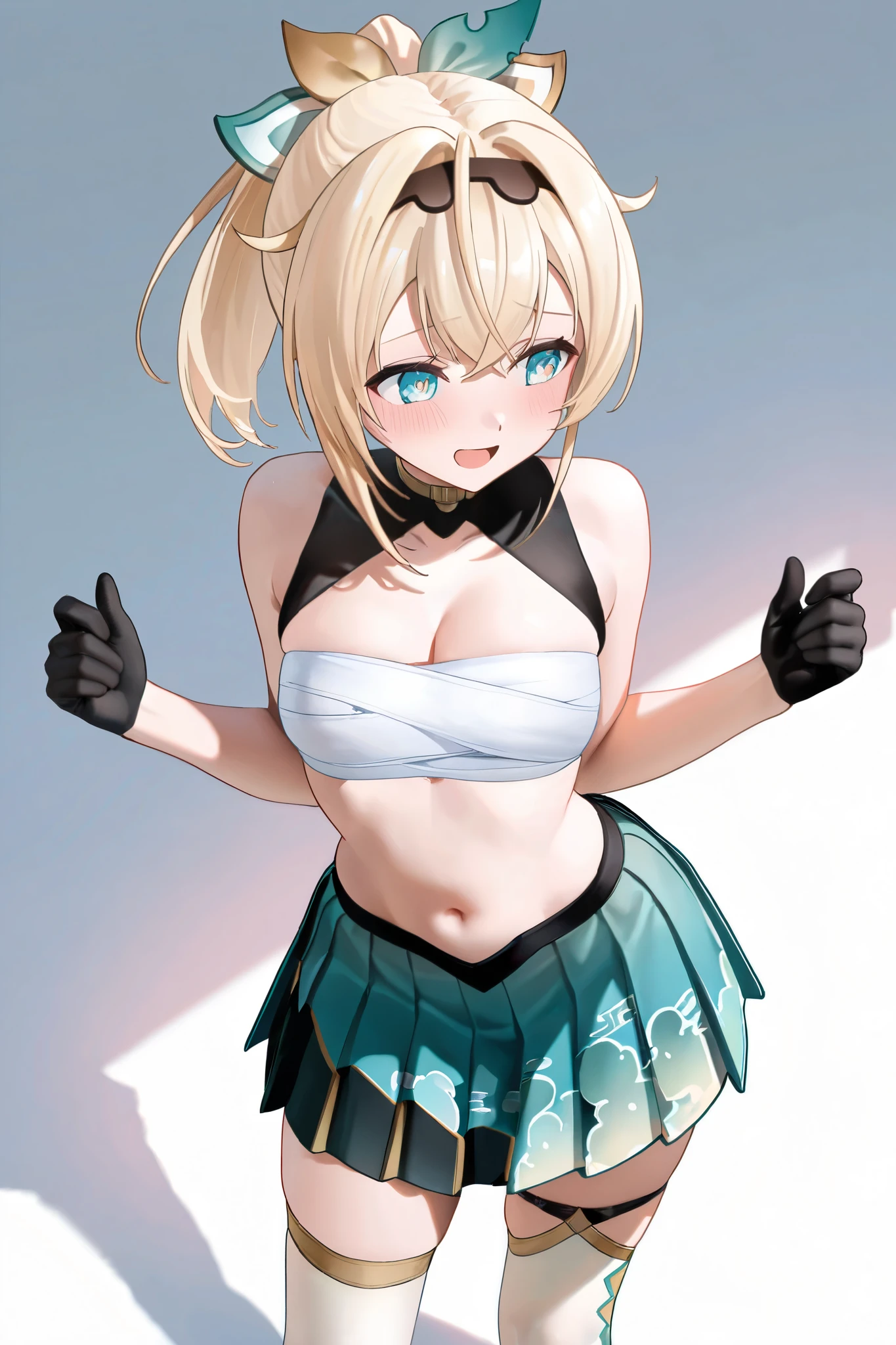 (((Masterpiece))), (((Best Quality))),Ultra High Resolution, Caustics, Detailed, (Beautiful Detailed Eyes),Perfect Anatomy, nsfw, (Fox ears), Exquisite eyes, Blonde, multicolor hair ,Facial details, Red Eyeshadow, masterpiece, high quality, Large Breasts,Black pantyhose,solo,White short top, sports Shorts, black tight, strip tight, long socks, large earrings, clear eyes, purple eyes, choker, ((black crop top, thin material, mini skirt)), open waist, (symmetrical eyes), (perfect symmetrical body)