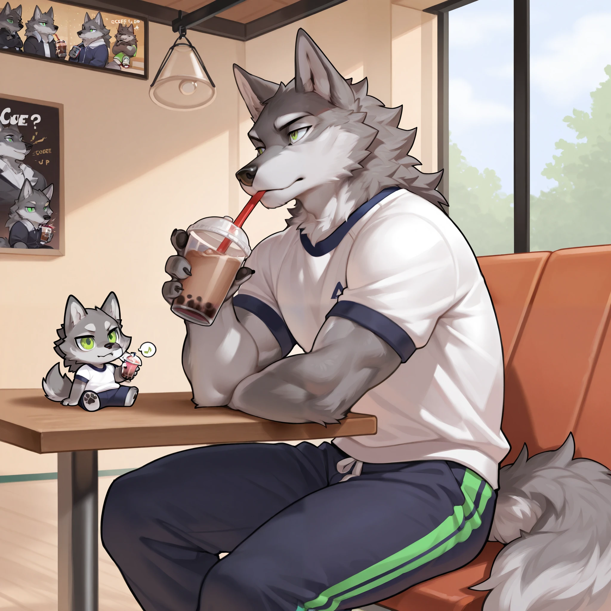 Furry wolf, wolf, man, masculine, sitting, buff, casual gym clothes, boba drink, green eyes, solo, chibi.