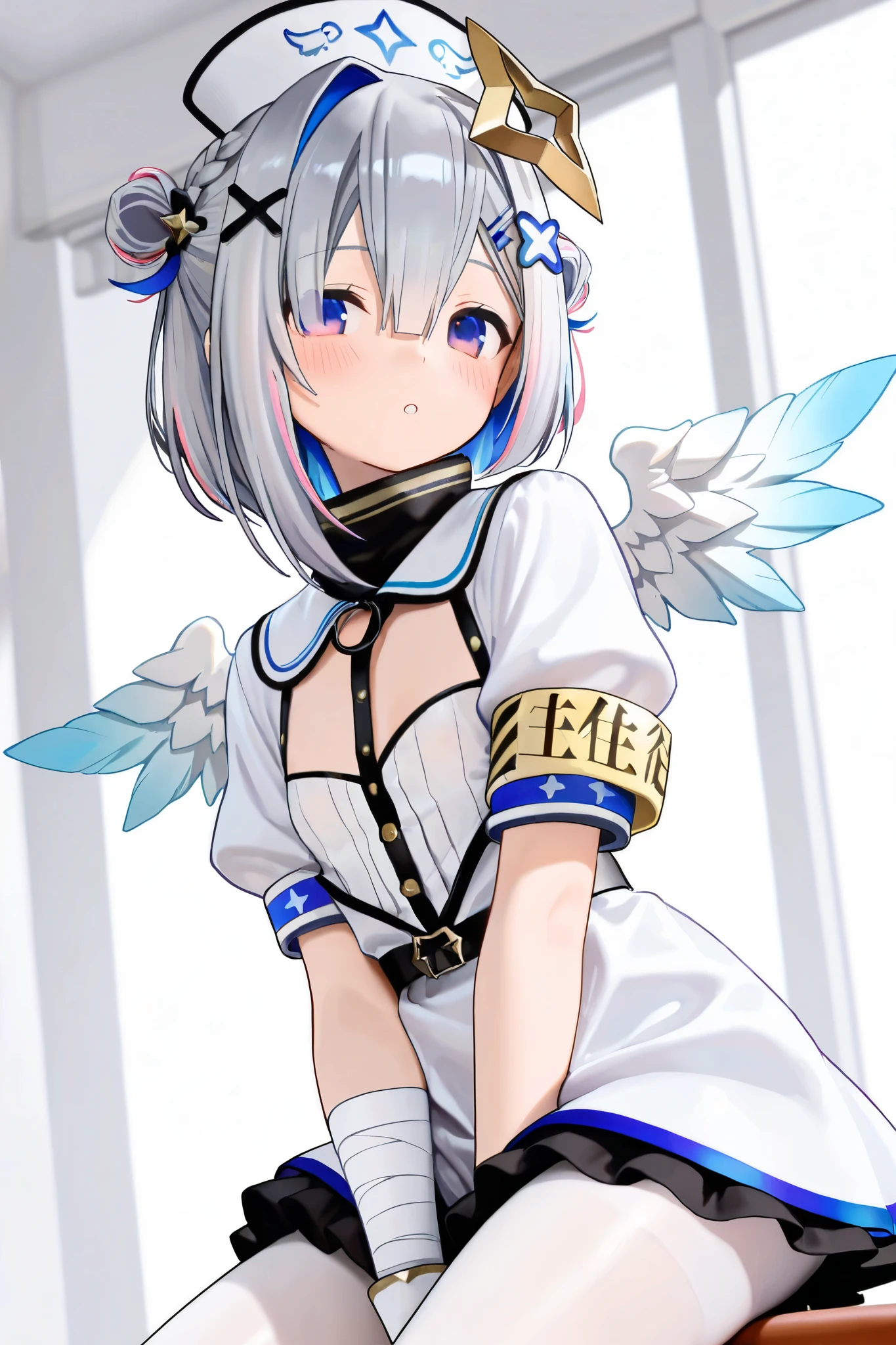 super high quality,amane kanata,barefoot,garden,.Stand your knee-shaped spread legs、Place your hands on your stomach。Angle from below,inside the skirt,Pussy,,whole body。Crab crotch,short hair