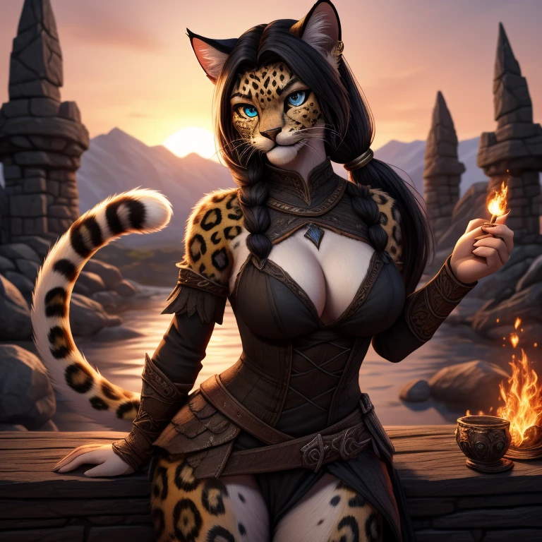 ((super high quality)), ((master piece)), girl khajiit, shinobi girl, artificial cat, furry cat, ((Only cat ears, There is no other)), ((there's a cat there'short fluffy tail on the back)), ((face clean)), beautiful cute face, beautiful woman's lips, charming beauty, ((stern look)), Close your eyes and look at the camera, ((Dark skin color, black leopard)), ((dark skin color)), body glare, ((detailed beautiful female eyes)), ((yellow-green eyes)), beautiful woman's hands, ((perfect woman image)), Ideal female body type, beautiful waist, big thighs, ((delicate and beautiful)), has a fascinating value, epic stance ((close up of face)), ((Ethnic clothing,Revealing tribal clothing, セクシーなEthnic clothing, sexy cleavage), background: Japan in the 16th century, prison, night, ((Depth of the bounds written)), ((High quality and clear images)), ((vivid details)), ((very detailed)), realistic, Professional photography session, ((clear focus)), ((comics)), anime, NSFW