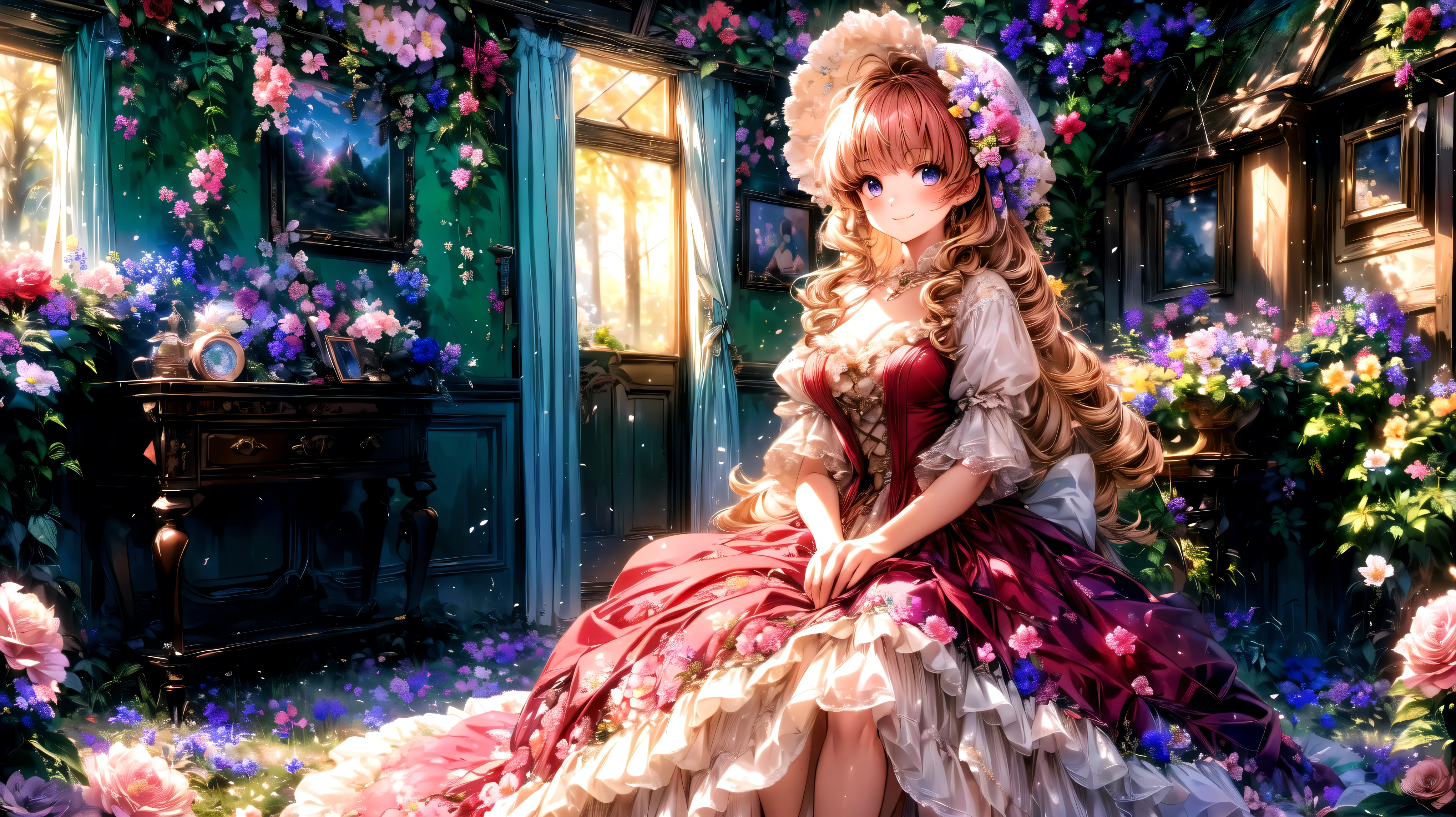 Lady, Curly Hair, ponytail, floral crinoline hoop skirt, (( Red Petticoat Dress )), big breasts, hyper detailed beautiful eyes, bonnet, Fluffy, pink hair, bangs, ((smile)), (( light particles)), Retro, forest, (((nature))), ( in the woods ), (((A decayed small room in the forest surrounded by flowers ))), sofa, ((Lots of colorful flowers)), ((Flowing Petals)), sunlight filtering through the trees, shallow depth of field , film grain, landscape, light sparkles, light leaks, (anime moe art style:1.3), ((Superbly detailed drawing, ultra detailed, exquisite quality, absolutely resolution)),