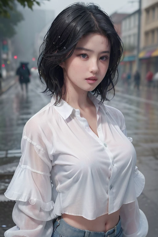 ((Best Quality, 8K, Masterpiece: 1.3)), Sharp: 1.2, Perfect Body Beauty: 1.4, Slim Abs: 1.2, ((Layered Hairstyle, Big Breasts: 1.2)), (Wet White Button Long Shirt: 1.1), (Rain, Street: 1.2), Wet: 1.5, Highly detailed face and skin texture, detailed eyes, double eyelids, side face looking at the camera