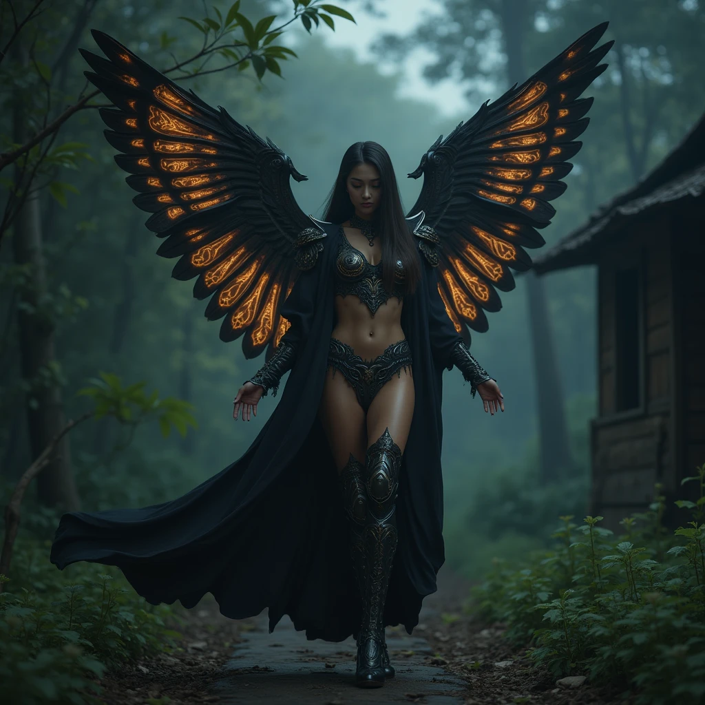 ((18-year-old))), black girl, (((light skin))), (((full body pose))), (((long curly black hair))), (((wearing tight chainmail micromini skirt, chainmail bra, open front cloak, wings))), (((seamless, black, pantyhose))), standing in the dark woods at night, moonlight shining through the dense canopy, (((dark castle in the background))), dark fantasy, Gothic, Rich, Deep Colours, (intricate details:0.9), (HDR, hyper-detailing:1.2), (natural skin textures, hyper realisitc, glistening skin, soft light, Sharp),