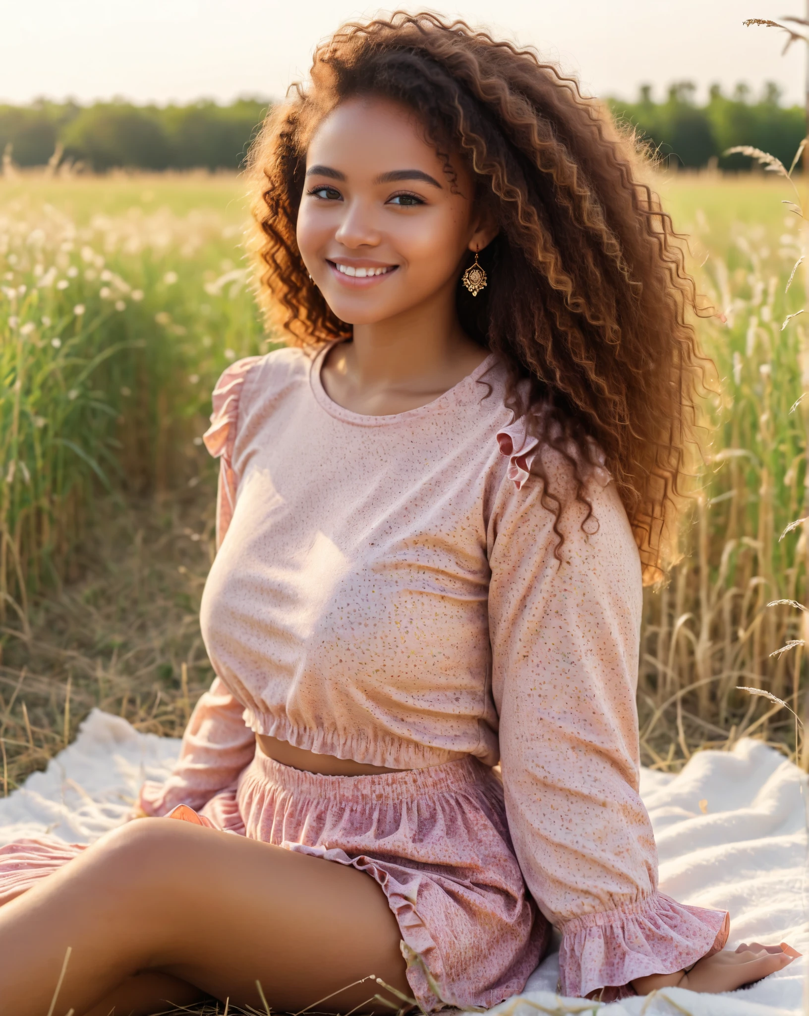 realistic, ultra-realistic, 8K resolution, close-up selfie, late morning sunlight, warm and natural lighting, sitting on a white blanket in a dry grassy field, relaxed and elegant pose, light brown afro-textured hair, mixed-race girl with light but warm skin tone, slightly darker than average German tone, bright green eyes, light and inviting smile, wearing a floral pink crop top with ruffled sleeves, delicate golden jewelry, natural and smooth skin, soft natural makeup enhancing her features, blurred background with dry bushes and a clear blue sky, cinematic composition, warm and inviting atmosphere, soft shadows, vibrant and serene setting