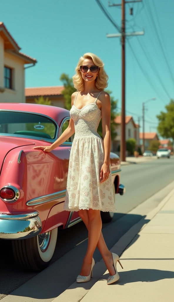 Landscape photo: blonder woman, wearing a low-cut white dress, footwear: elegant jump, she is happy. She is leaving the front door of a hot pink New Beetle model car and people are passing by on the street..