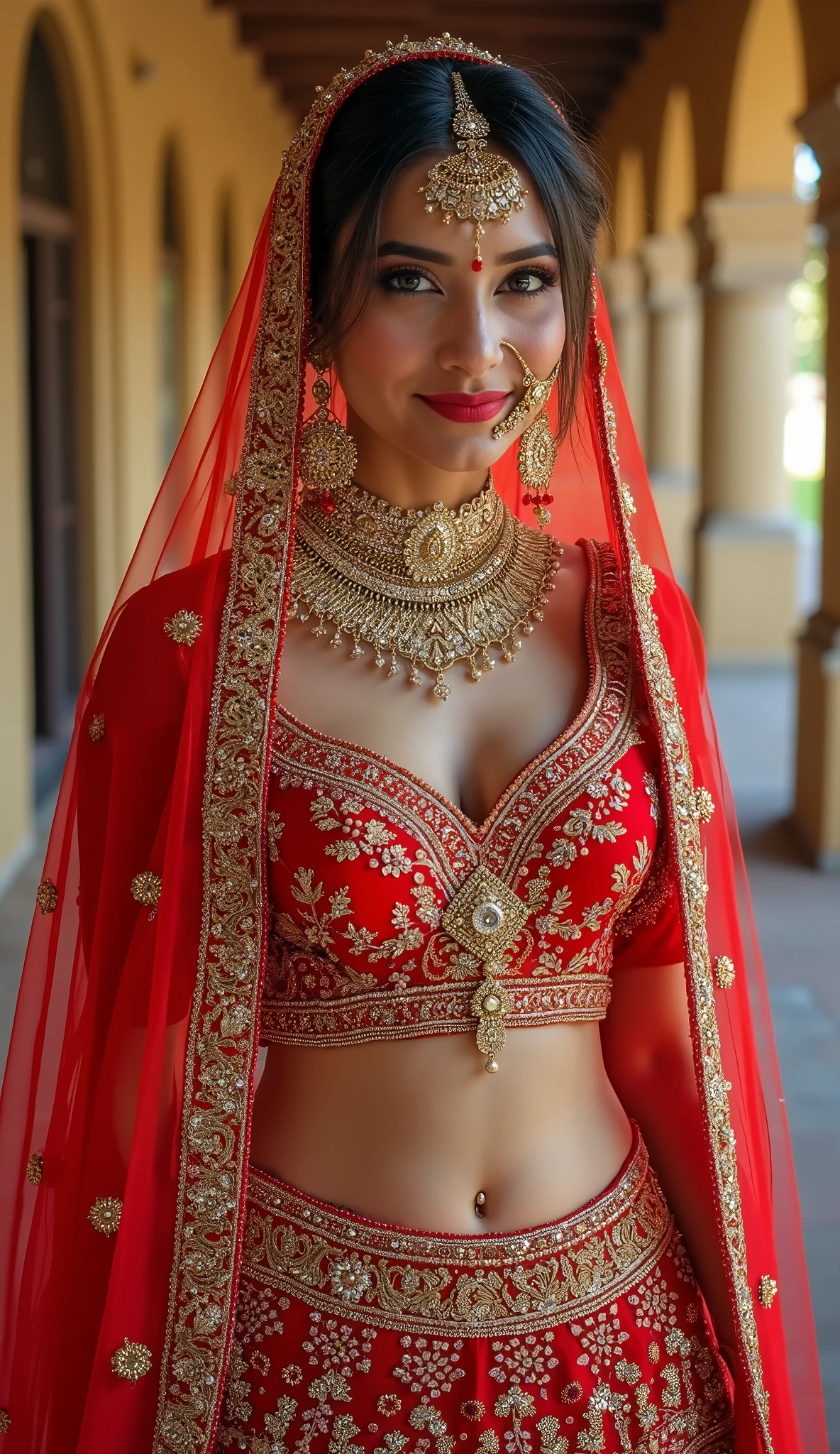 Indian Bride in a vibrant lehenga choli set, round deep navel, eyes symmetry, face symmetry, HDR, ((midriff and deep navel)) bold and rich colors, intricate embellishments, and festive accessories for a celebratory look, HDR