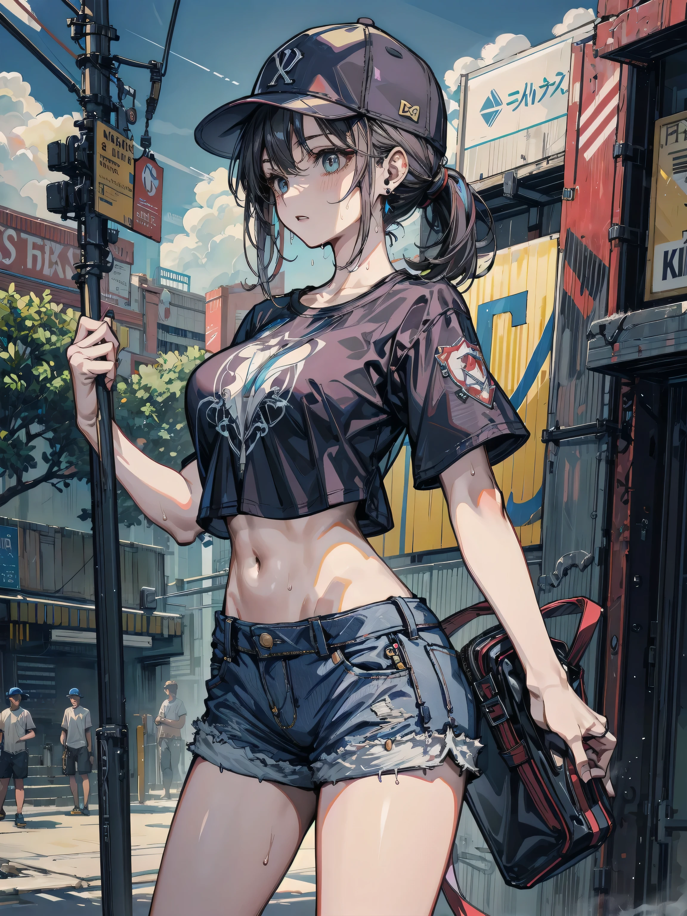 Thirty year old woman, glare, short blue hair With white lines In the middle, in two pigtails, orange eyes, wearing transparent glasses, bra and Black miniskirt, holding a long firearm, Stylized in our ruins, night sky
