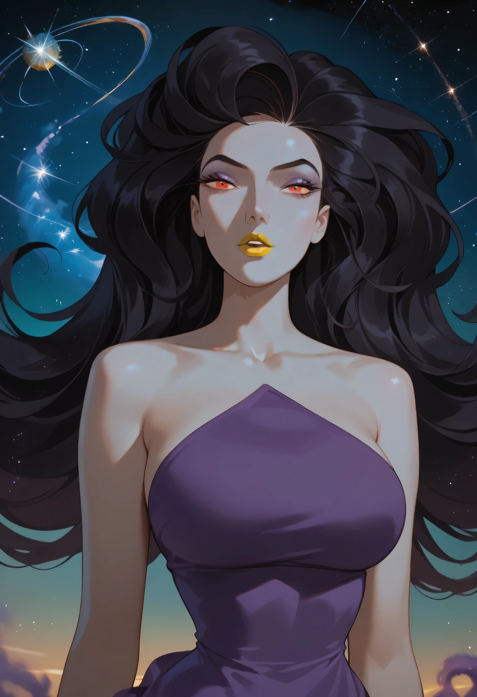 woman, big breasts, anime style, yellow lipstick, gray skin, black hair, red eyes, thin waist, long hair, starry sky, galaxies, cosmic entity, cosmos, arrogant, purple dress, Eris, Sinbad, Dark