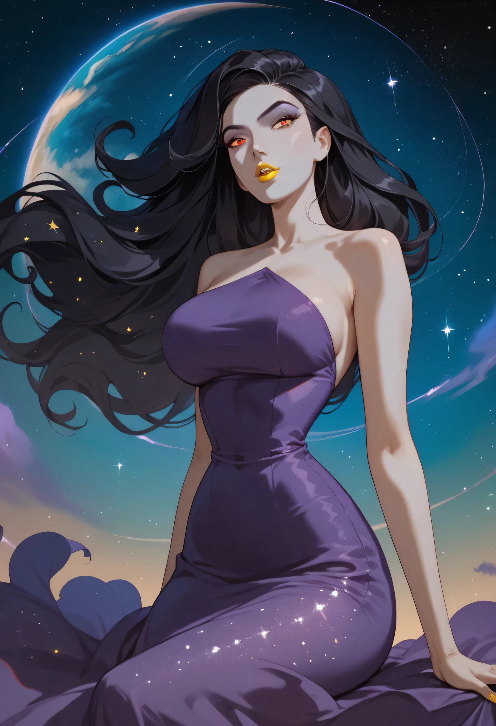 woman, big breasts, anime style, yellow lipstick, gray skin, black hair, red eyes, thin waist, long hair, starry sky, galaxies, cosmic entity, cosmos, arrogant, purple dress, Eris, Sinbad, Dark