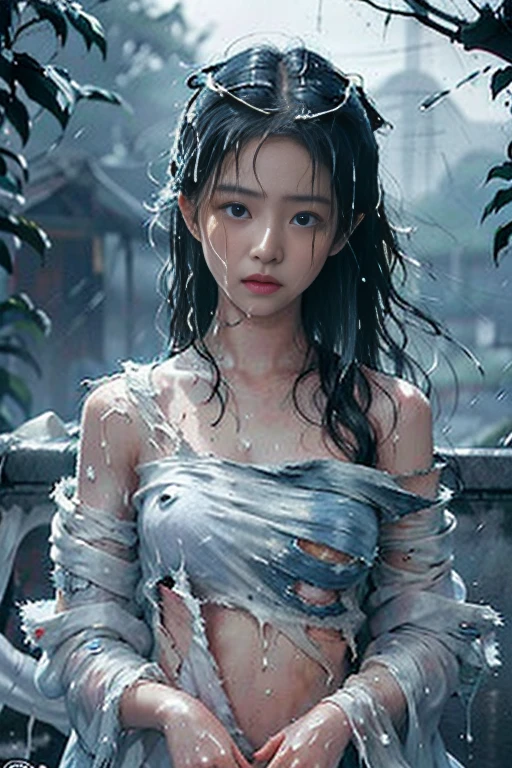 Best image quality, masterpiece, Ultra-high resolution, (Faithfulness :1.4), photograph, 1 girl,[(sorrow)],White shirt, 薄dark, dark, Desperate, Sympathize, Pathetic, Cinematic,Break,Breakdrop,(Torn clothes:1.5), (Wet clothes:1.4), Exposing shoulders,Real Rain,Wet Hair,..
