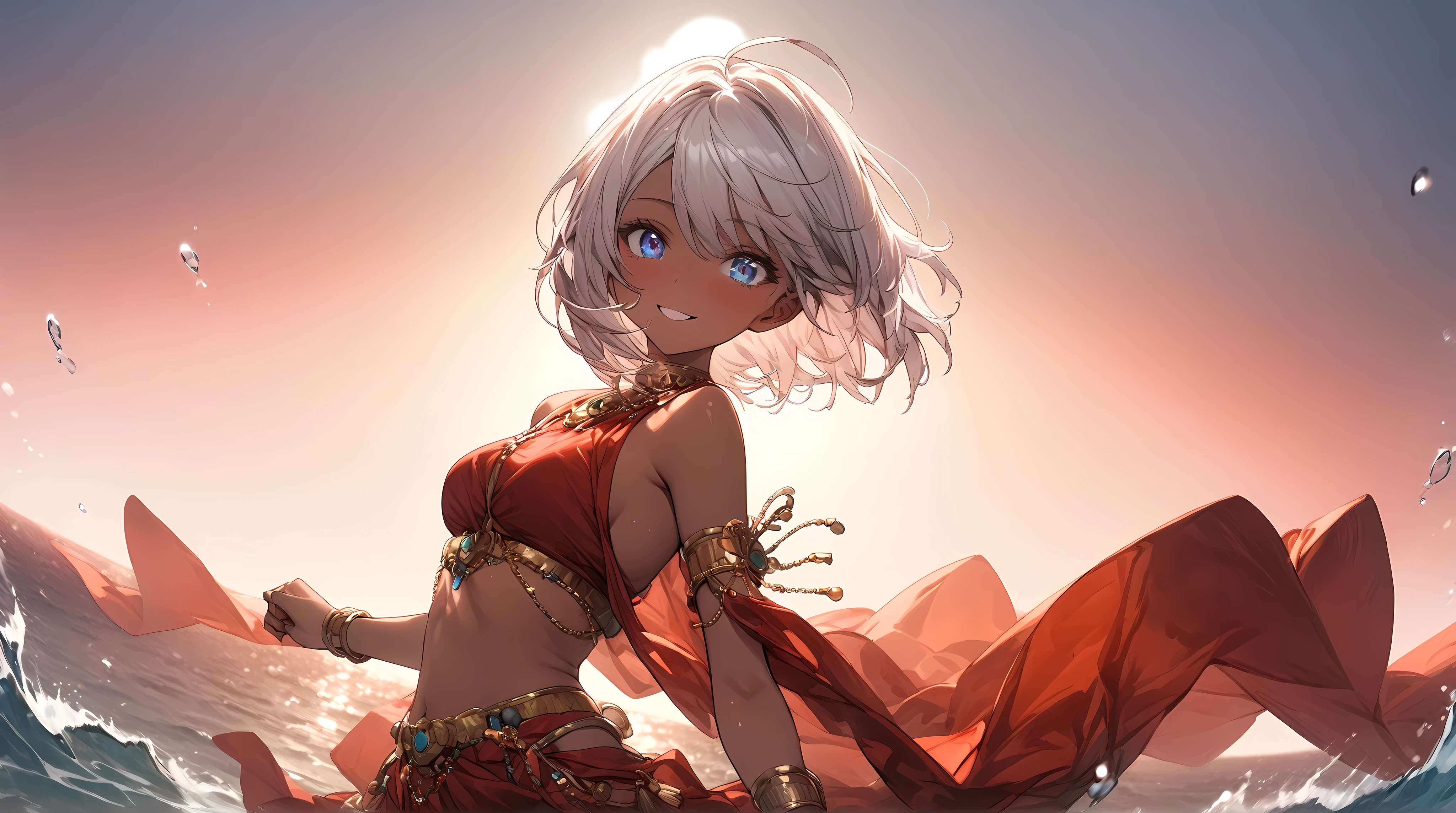 (( Masterpiece, top quality)), (8k), so aesthetic , is ridiculous, one girl,solo,bangs, Belly Dance, red costume,Thin fabric, (( medium short hair)), hair in an old Japanese castle flutters in the wind, blue, white hair, Wallpaper, beautiful decorations, take off my clothes, Smile,close mouth, Sunset,evening,Lines of Light, pixie background, Fantastic,Mysterious, MYSTERIOUS,(dance), beautiful eyes,(( Perfect Eyes)),Bare Skin,sea, splashes ,Tropical, hanging eye, tan,( glossy skin), hanging eye,( sexy),(( perfect eyes)),( perfect face),( perfect hand),( correct handshake),Exposed Skin,Dynamic action,( anatomically correct hand )