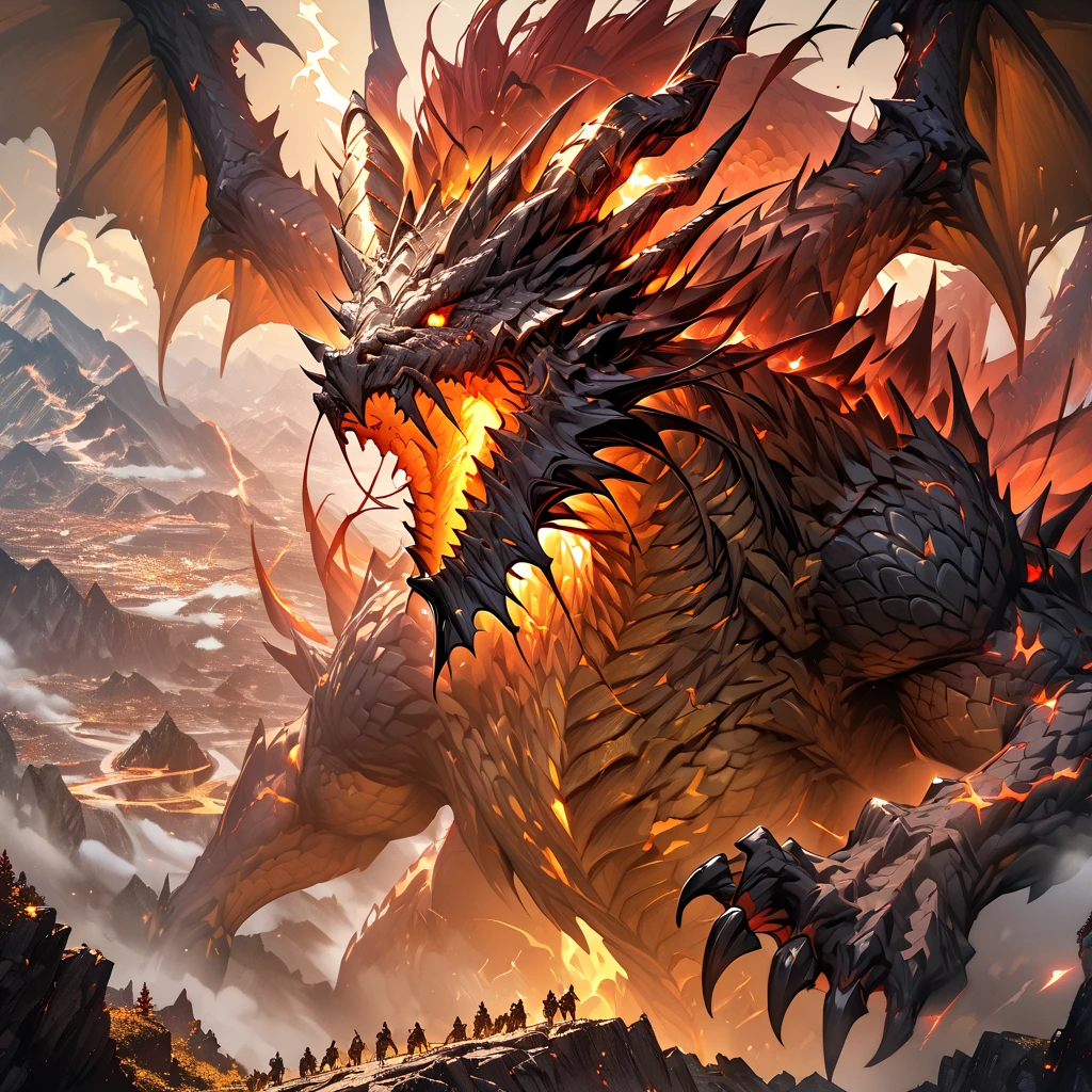 (Best quality, 4k, 8k, high reshevr: 1.2), Masterpiece, very detailed, ultra-detailed, one dragon, Huge golden dragon, black scales with gold details, golden horns, huge dragon wings, background of red thunder and lightning, on the top of a mountain