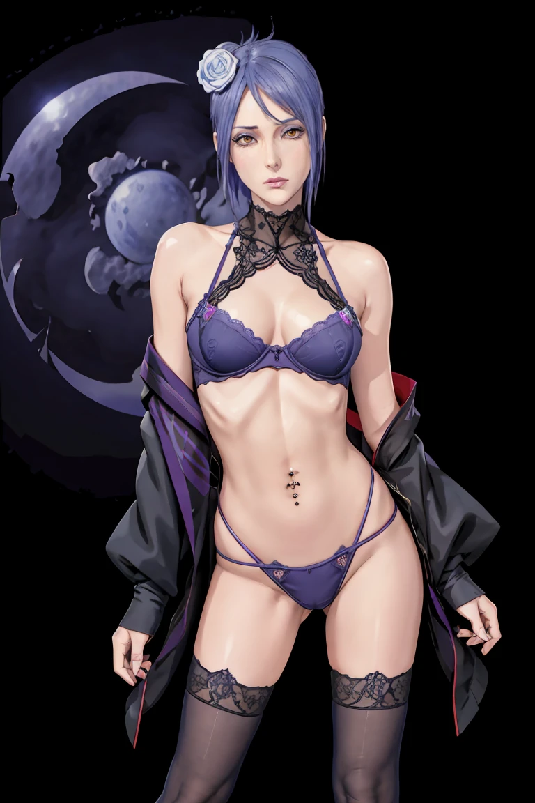 (masterpiece), (best quality), (official art, extremely detailed CG unity 8k wallpaper), (highly detailed), ((absurdres)), (((completely nude))), (nsfw), short hair, (thighs), colorful abstract background by carne griffiths, armpit, <lora:badgirl-test-lora-wdvae:0.5>, (mature female:1.2), bad-girl, <lora:more_details:0.5>,  <lora:Kizuki - Jigokuraku - Yuzuriha:1>,  yuzuriha_(jigokuraku), purple hair, brown eyes, small breasts, topknot