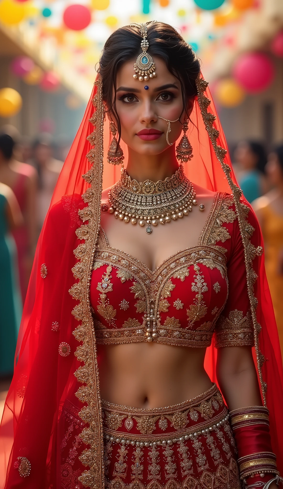 Indian Bride in a vibrant lehenga choli set, round deep navel, eyes symmetry, face symmetry, HDR, ((midriff and deep navel)) bold and rich colors, intricate embellishments, and festive accessories for a celebratory, wide angle photo look, HDR