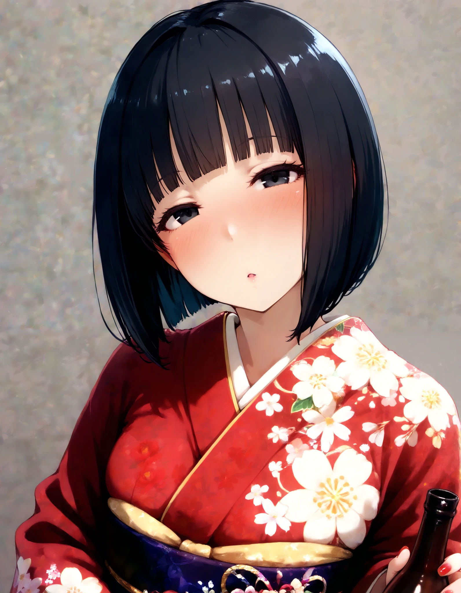 score_9, score_8_up, score_7_up, (nsfw, arakure), (1girl, solo), (upper body, looking at viewer), (black short hair, bob cut, blunt bangs), (black eyes, drunken eyes), (blush:1.2), (Japanese clothes, kimono, floral print, sash, long sleeves, obi), head tilt, holding Japanese SAKE bottle, (nail polish, red nails), (simple background, grey background)