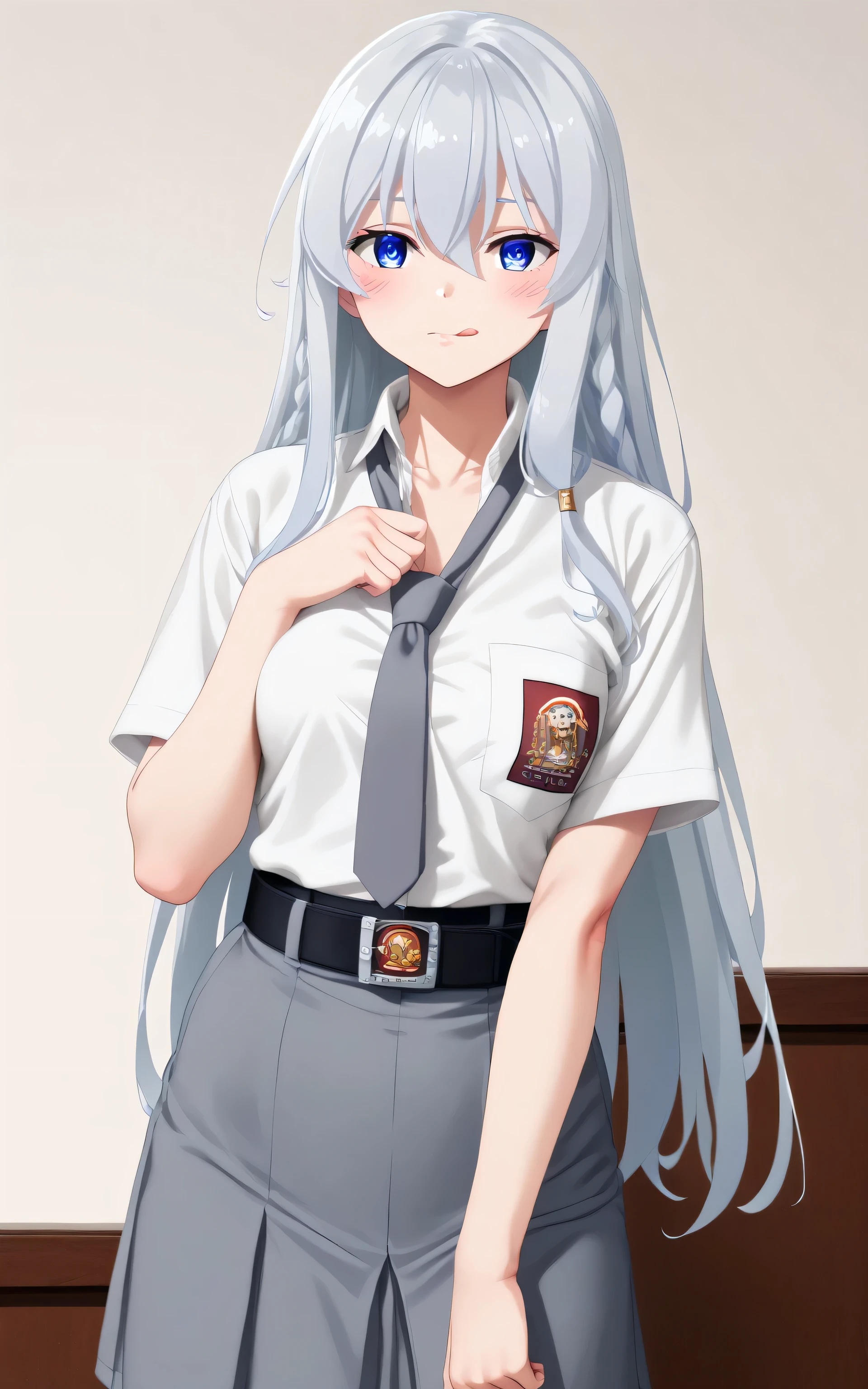 upper body, Random Sexy pose , ((Ultra detailing)), (very aesthetic, best quality, ultra detailed), intricate details,
1girl, silver hair, blue eyes,((Detailed eyes)), ((Beautifull eyes)), ((prefect eyes)), sharp jawline, long hair, shy, Licking her lips, Blush ,Wearing sma shirt, Gray tie, Gray Skirt, Belt, Pantyhose, Cleavage, class room, 
