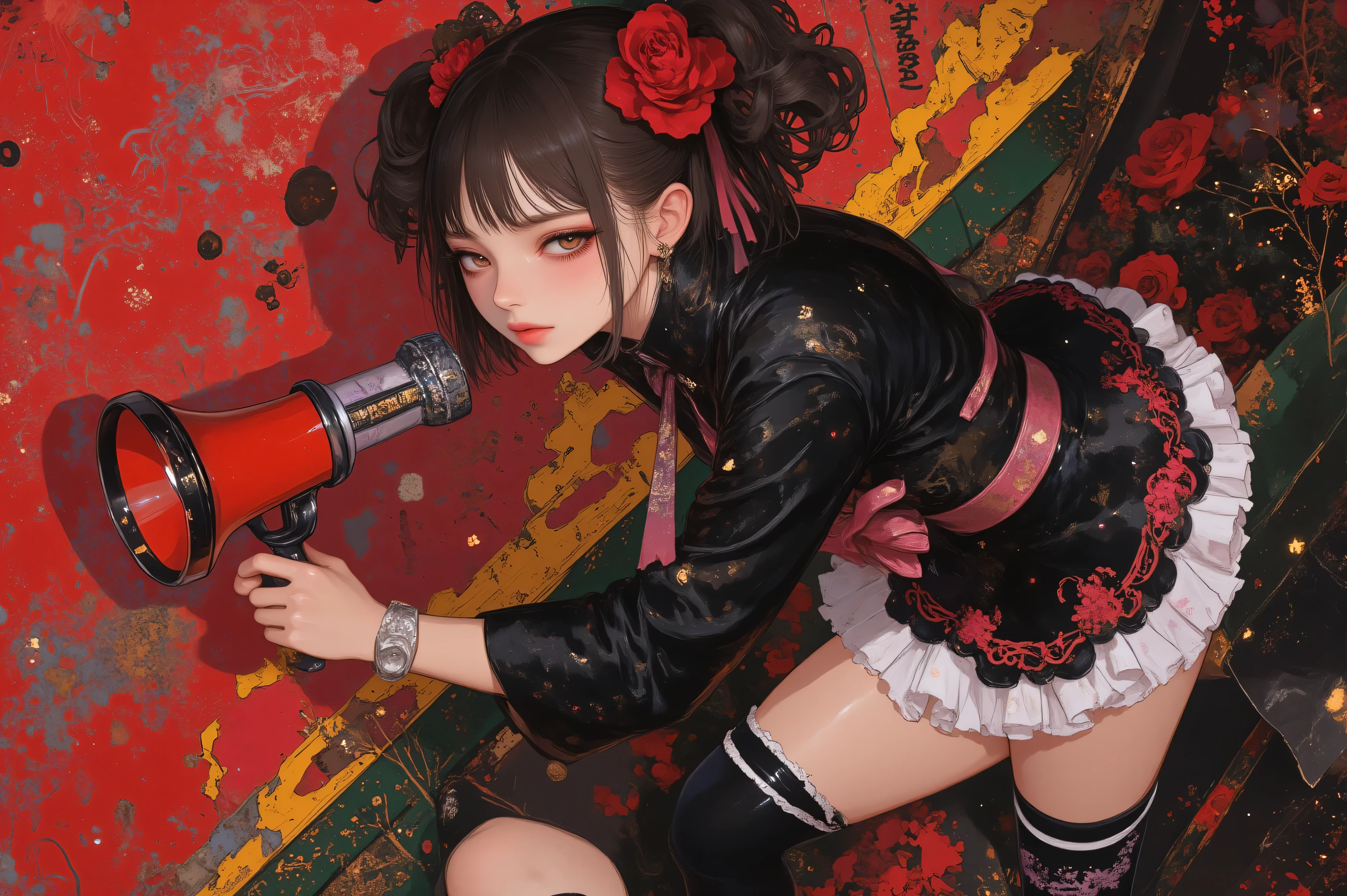  (super realism, masterpiece:1.2, best quality:1.2, extremely detailed, absurdres, very aesthetic, Sensual and realistic skin and body), full body:1.5, from front:1.5, standing, Leaning forward), ((1girl\beautiful eyes, beautiful lip:1.2, beautiful skin:1.2, black hair, bob cut, big red ribbon, She wears a large camellia hair ornament in her hair, Japanese style kimono mini skirt, long-sleeved kimono, The skirt has large white frills at the hem, beautifully embroidered frills, Beautiful Pink and black waistband, Black and white striped knee-high socks:1.3, Wearing high geta:1.3, holding a megaphone and singing loudly, One leg is standing on a box, thigh is exposed)) BREAK ((anime effects)), red & black & yellow & green back ground:1.3
