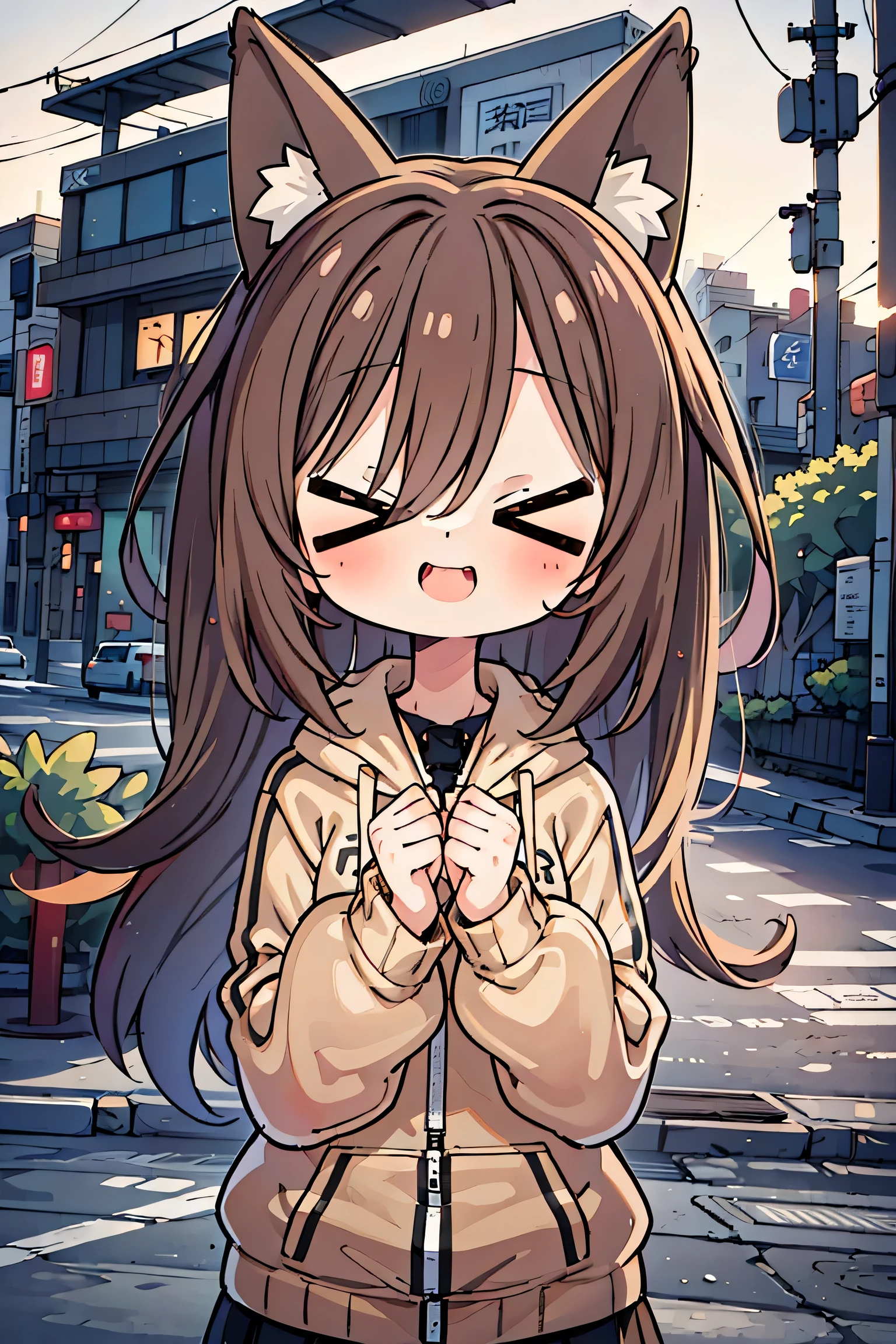 anime style、 fox ears、 brown hair、 with eyes closed、 double teeth、 woman、 beige hoodie
