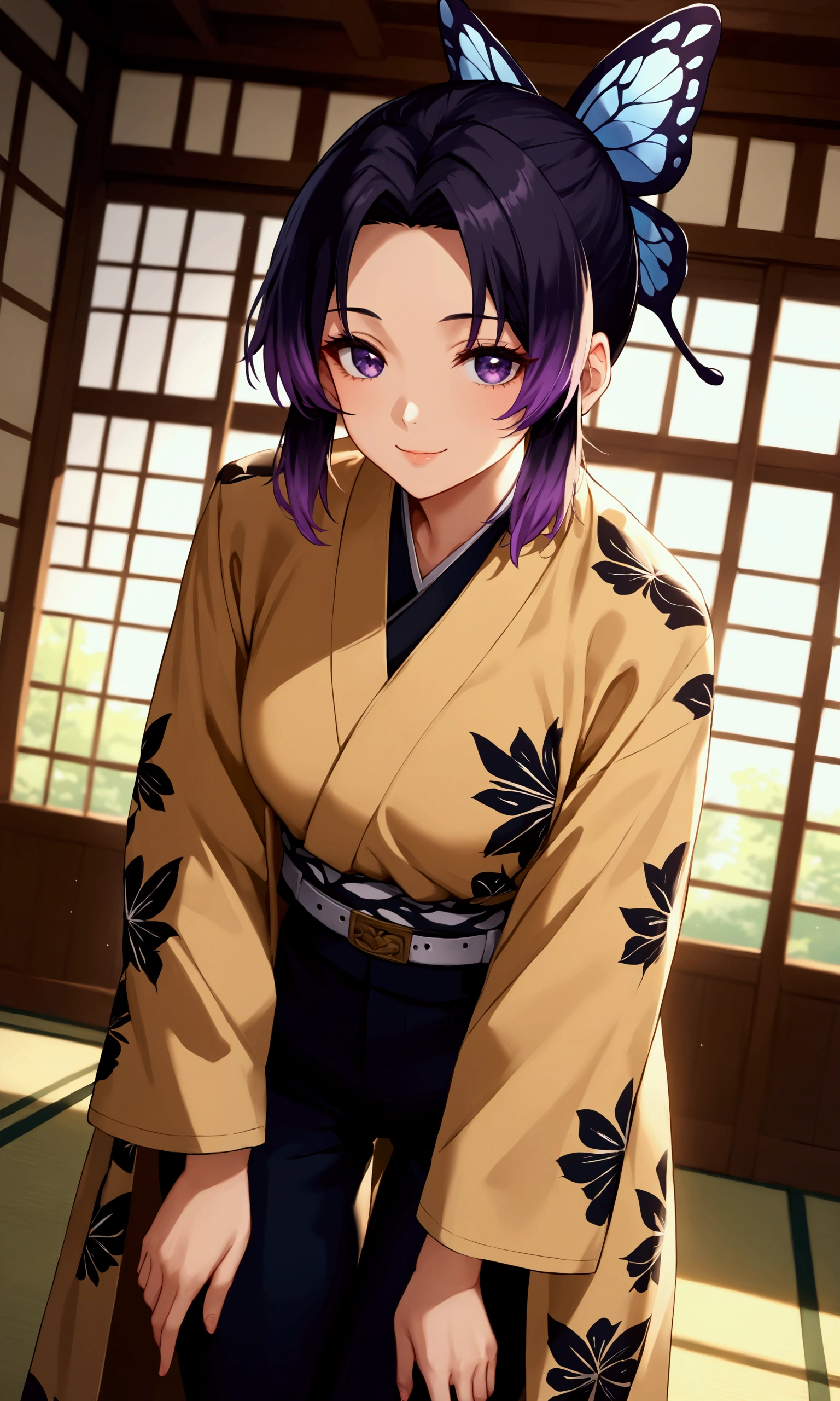 score_9, score_8_up, score_7_up, source_anime,
shinobukochou, shinobu kochou, animal print, black hair, butterfly, butterfly hair ornament, butterfly print, forehead, gradient hair, hair ornament, haori, multicolored hair, parted bangs, purple hair, short hair, two-tone hair,
belt, black pants, butterfly print, coat, demon slayer uniform, haori, japanese clothes, pants, uniform,
indoors, dojo, bent over, smile,
solo, dutch angle, looking at viewer, cowboy shot,