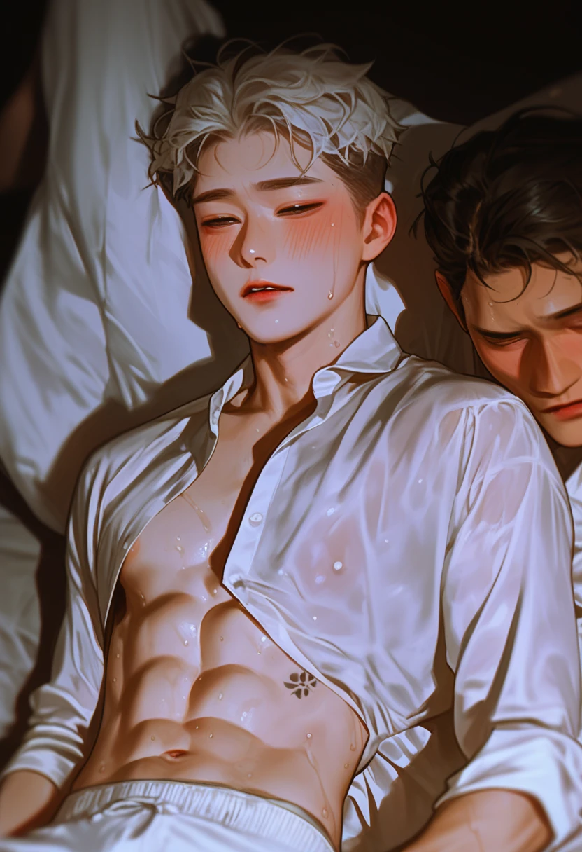Boy sleeping on his back on the bed(16 years old、Levi Ackerman)、Sleep、Black Hair、T-Shirts(white)、See-through nipples、boxer shorts(Shorts、gray)、((between legs(bulge)))、Sweat、Humidity、tears、hot、blush、orgasm