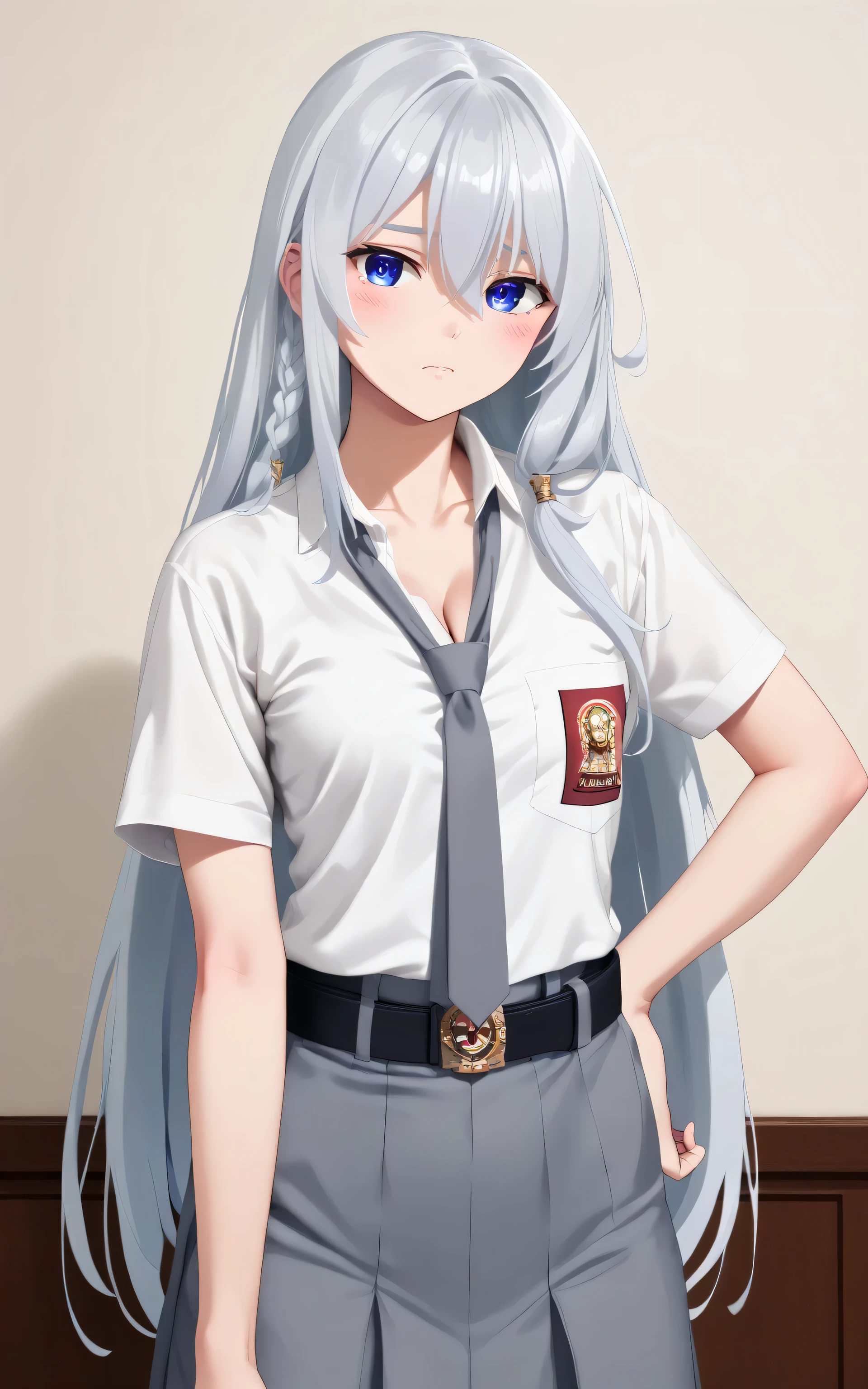 upper body, Random Sexy pose , ((Ultra detailing)), (very aesthetic, best quality, ultra detailed), intricate details,
1girl, silver hair, blue eyes,((Detailed eyes)), ((Beautifull eyes)), ((prefect eyes)), sharp jawline, long hair, shy, Blush ,Wearing sma shirt, Gray tie, Gray Skirt, Belt, Cleavage, class room,