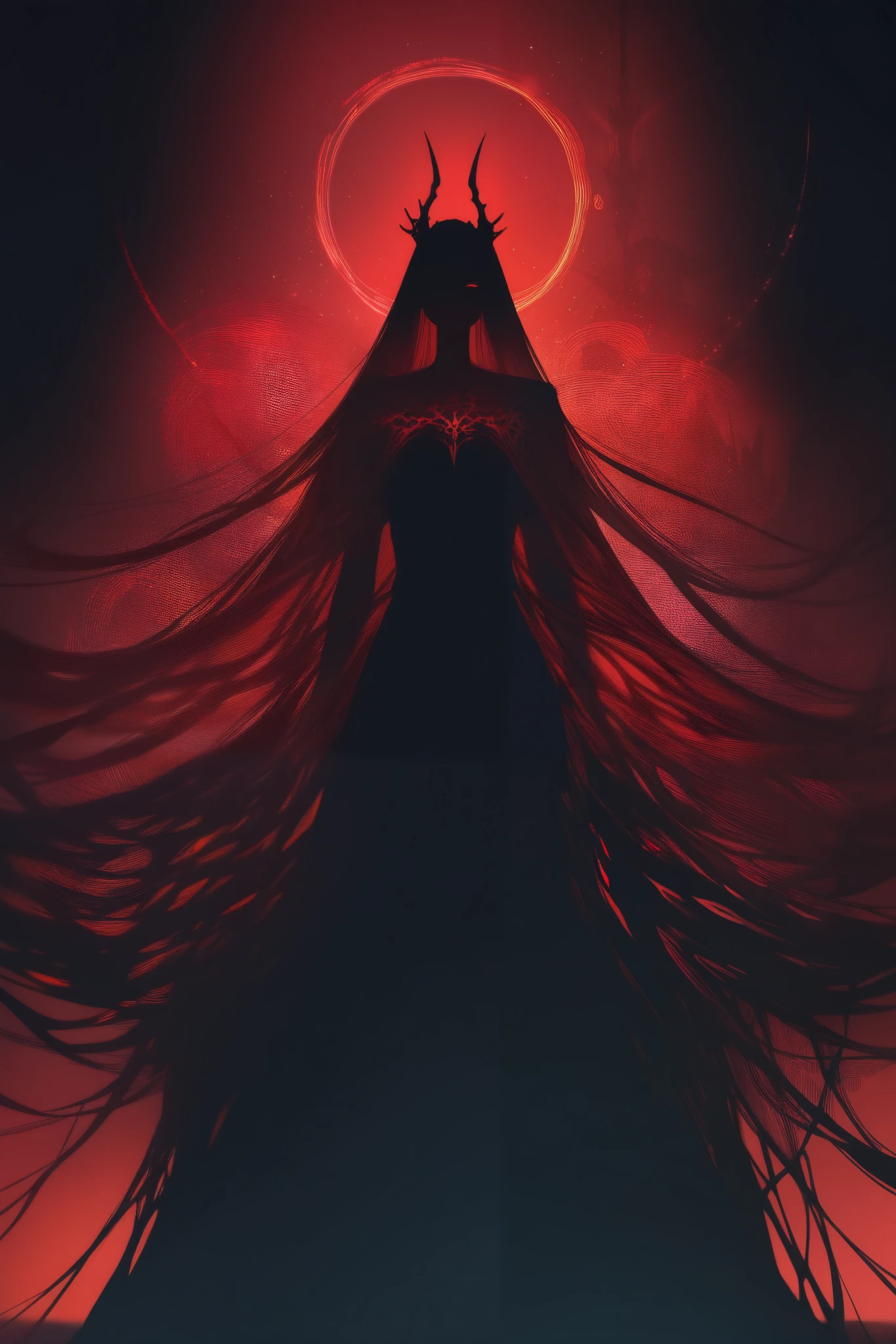 (masterpiece, best quality, ultra-detailed, best shadow), (dark fantasy), high contrast, (best lighting, extremely delicate and beautiful), ((cinematic light)), colorful, hyper detail, dramatic light, intricate details. Tall and beautiful woman, beautiful long reddish hair, red-haired woman with blood red eyes, blood witch, powerful magic circles